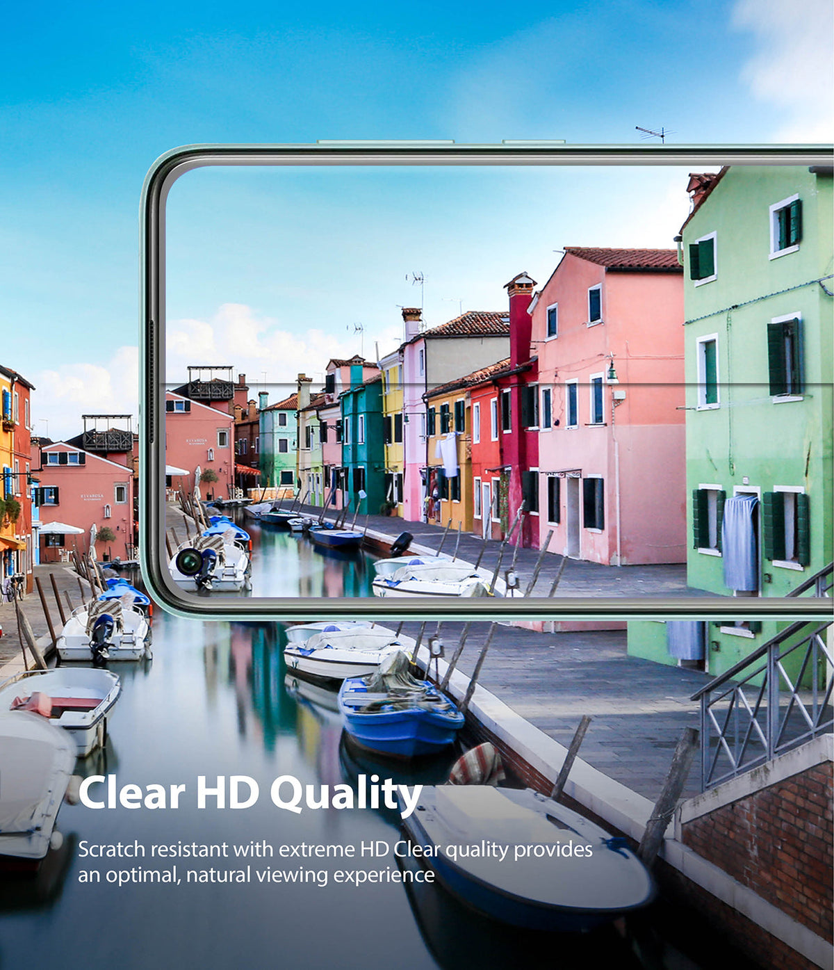 Redmi Note 9 Screen Protector | Dual Easy Film - Smartphone screen displaying a vibrant canal scene with colorful houses.