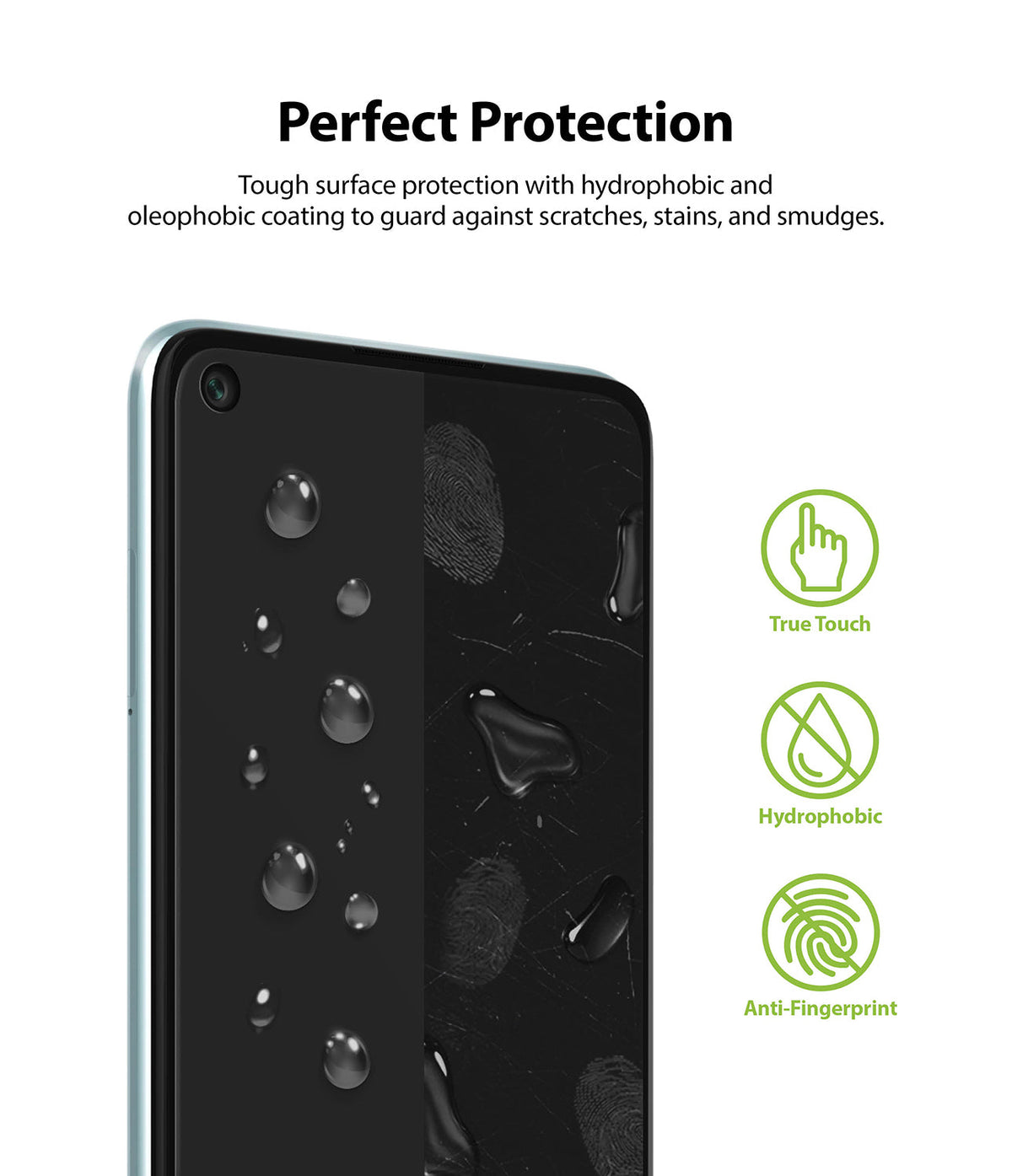 Redmi Note 9 Screen Protector | Dual Easy Film - Redmi Note 9 Screen Protector - Smartphone screen showing water beads and fingerprints with True Touch, Hydrophobic icons.