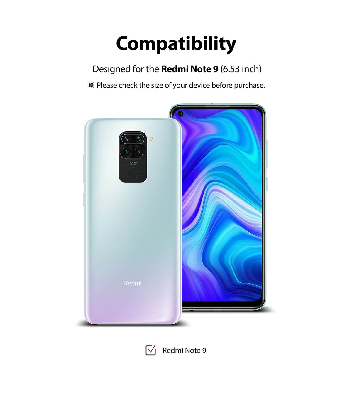 Redmi Note 9 Screen Protector | Dual Easy Film - Front and back view of a Redmi Note 9 smartphone showing compatibility.