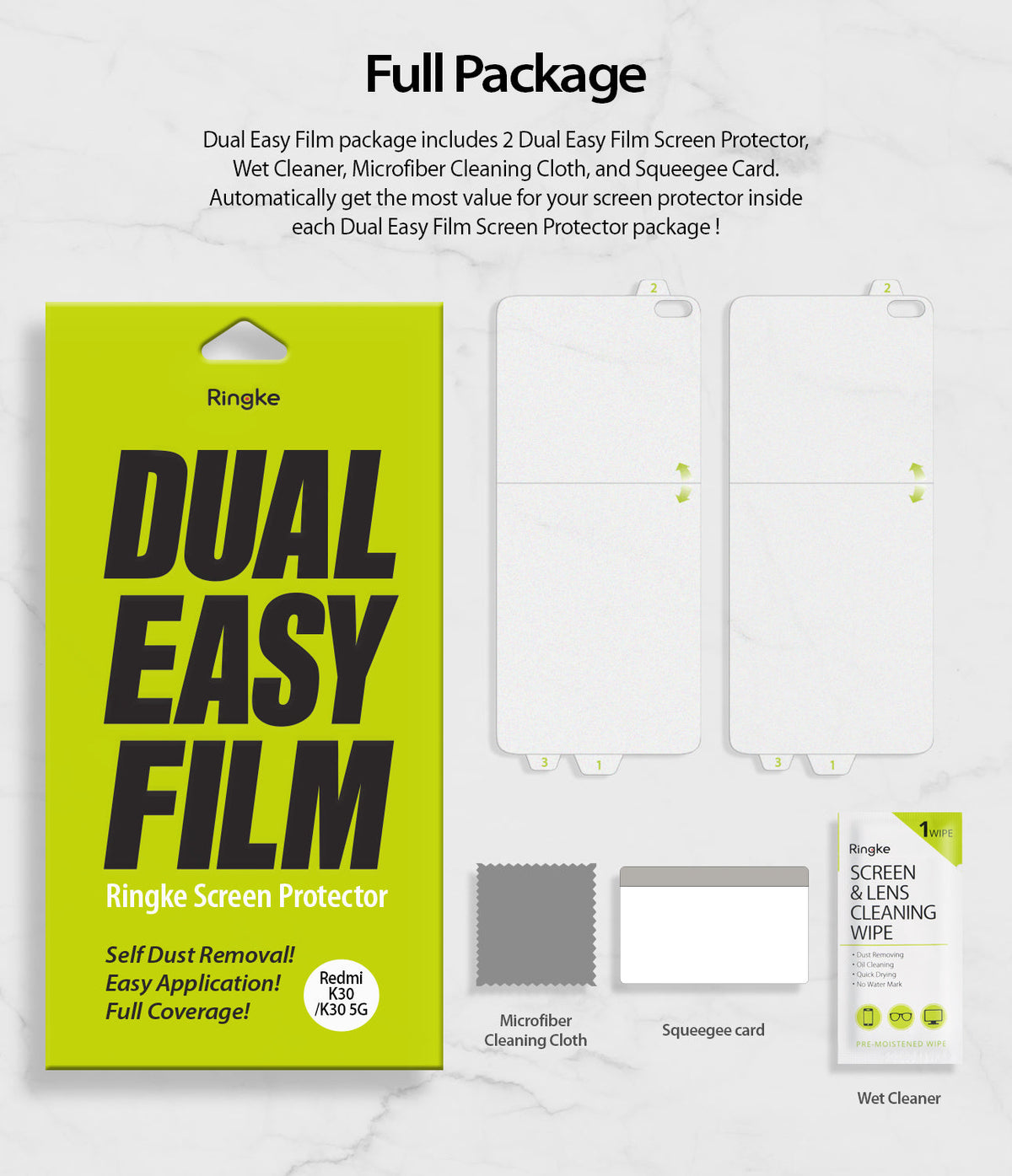 Redmi K30 Screen Protector | Dual Easy Film - Redmi K30 Screen Protector - Package contents including two screen protectors, microfiber cloth, squeegee, and wet wipe.