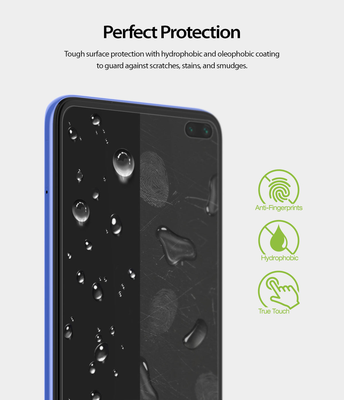Redmi K30 Screen Protector | Dual Easy Film - Redmi K30 Screen Protector - Smartphone screen showing water droplets and smudge resistance with feature icons.