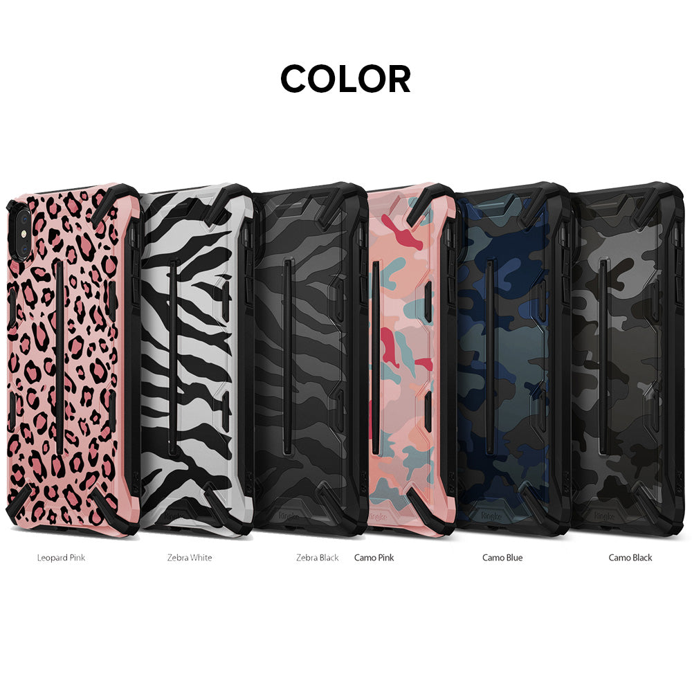 iPhone XS Max Case | Dual-X Design - Six rugged phone cases in leopard, zebra, and camo patterns lined up in a row.
