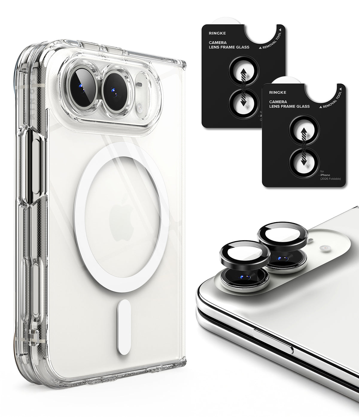 iPhone Duo | Fusion Magnetic + Hinge (2P) - Clear protective phone case with a raised camera cutout, shown alongside black camera lens frame glasses and a phone with the glasses applied, on a clean white background.