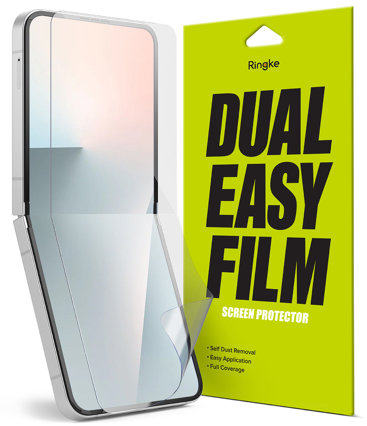 Galaxy Z Flip 7 FE Screen Protector | Dual Easy Film (2 Pack) - Foldable phone with a clear screen protector film next to its lime green packaging.