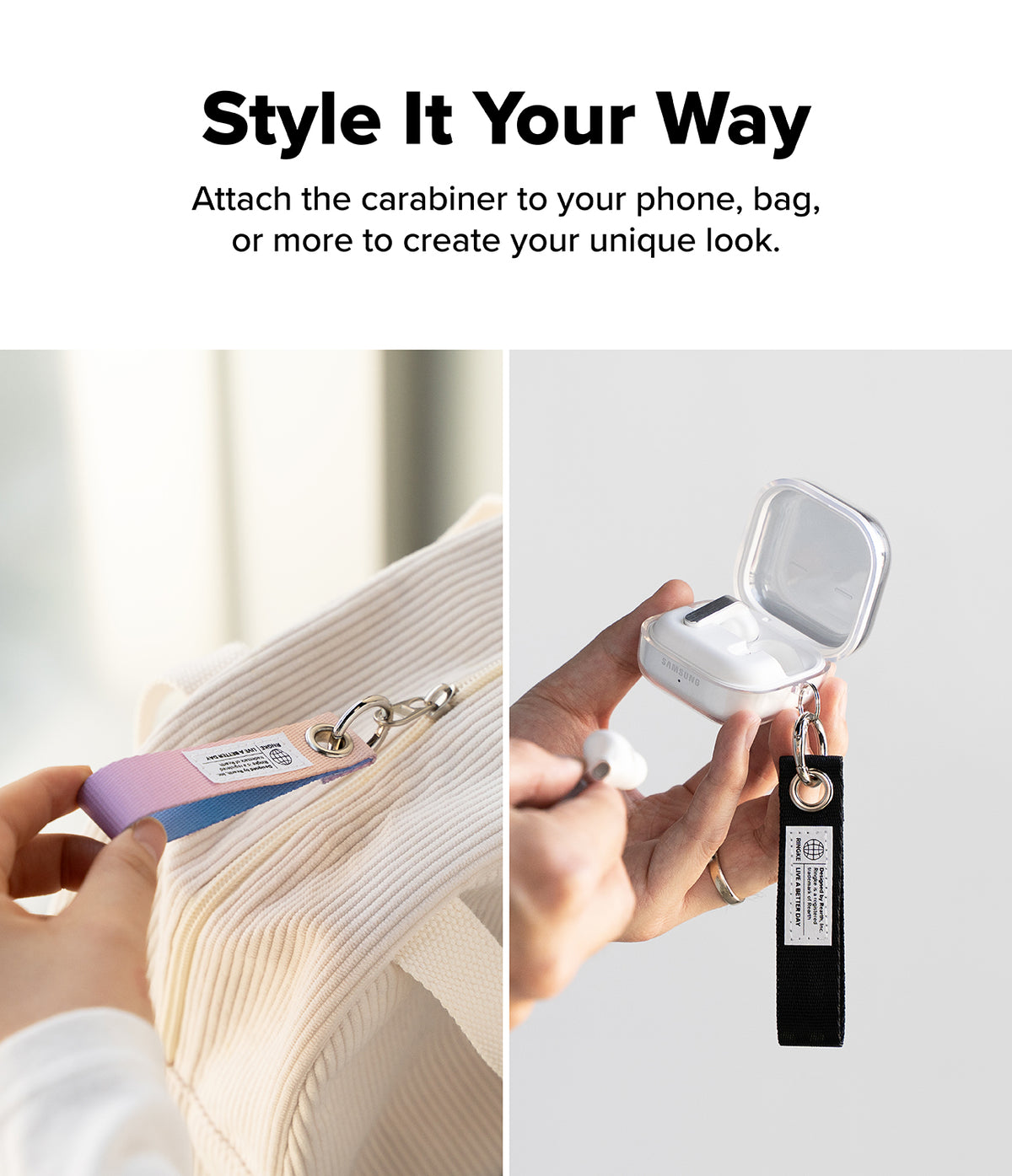 Holder Link Eyelet Keyring - Colorful fabric straps with metal carabiners attached to a white bag and earbud case.