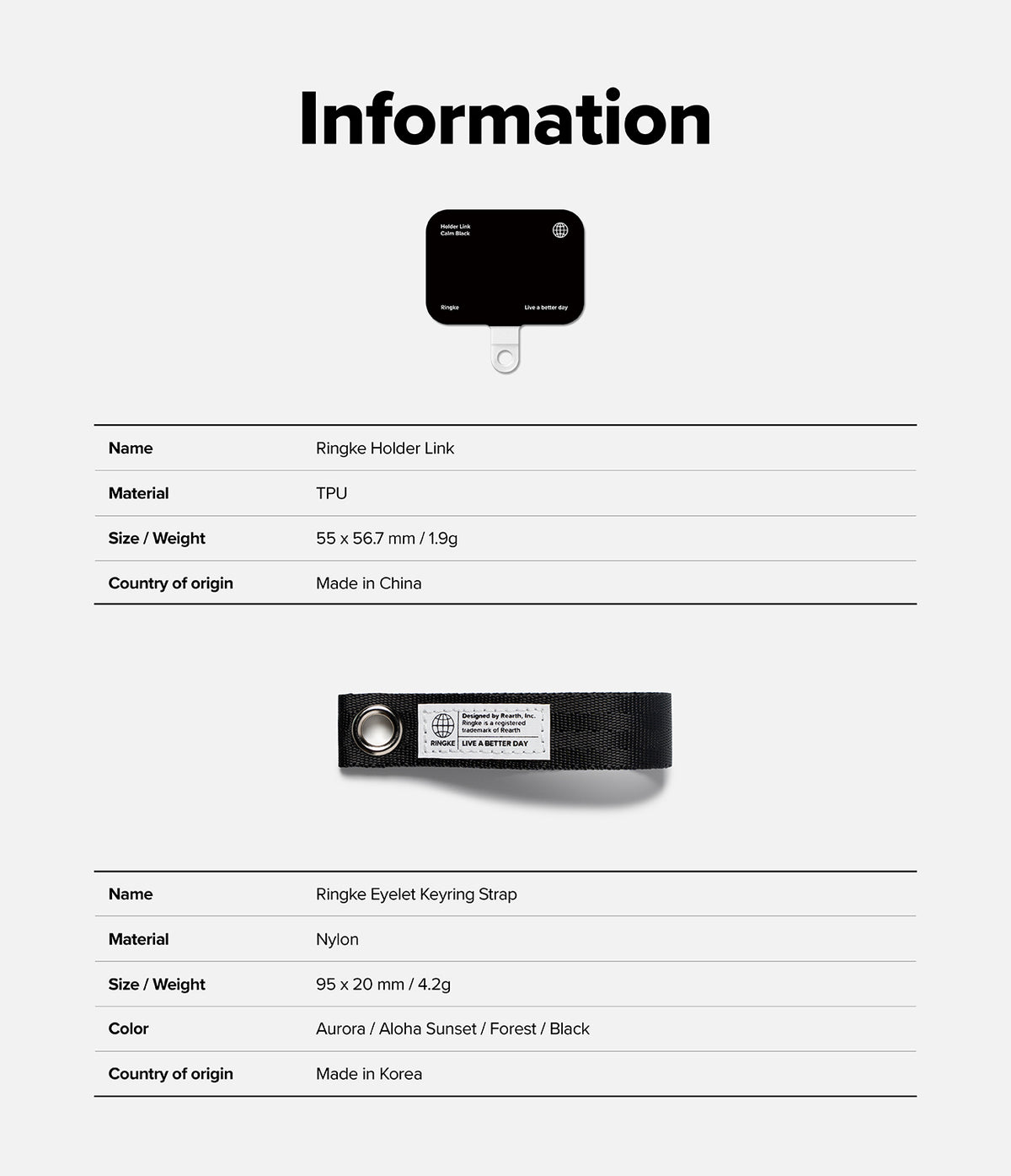Holder Link Eyelet Keyring - Product specification chart for Ringke Holder Link and Eyelet Keyring Strap with dimensions.