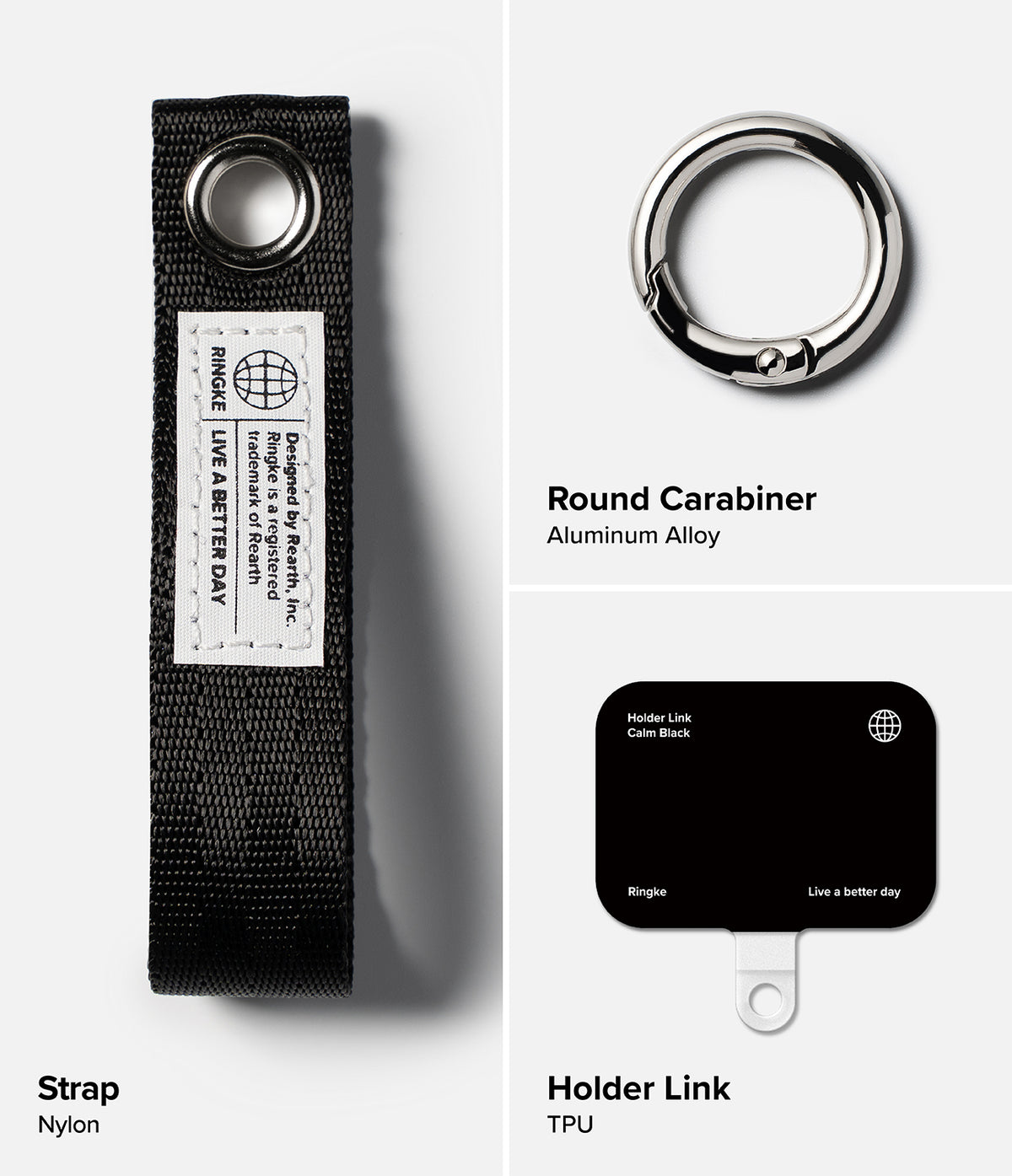 Holder Link Eyelet Keyring - Black nylon strap, round aluminum carabiner, and black TPU holder link components.