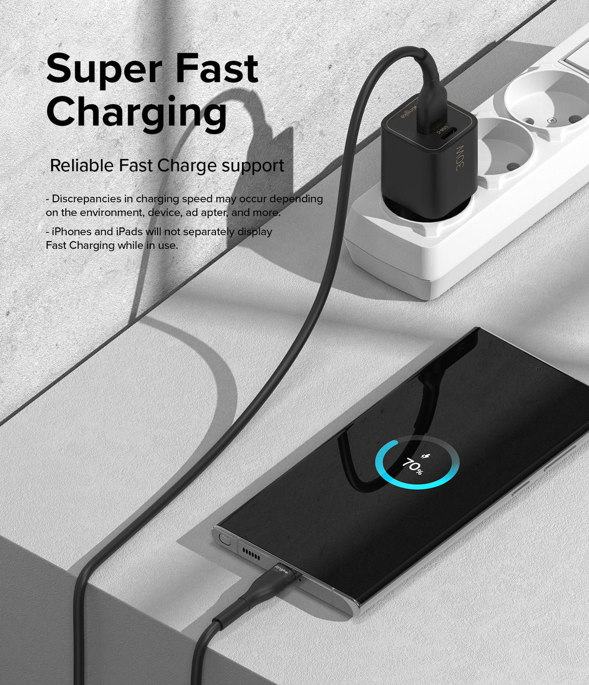 Ringke Fast Charging Pastel Cable - A Type-C Type - Black charging cable connecting a smartphone to a wall adapter.