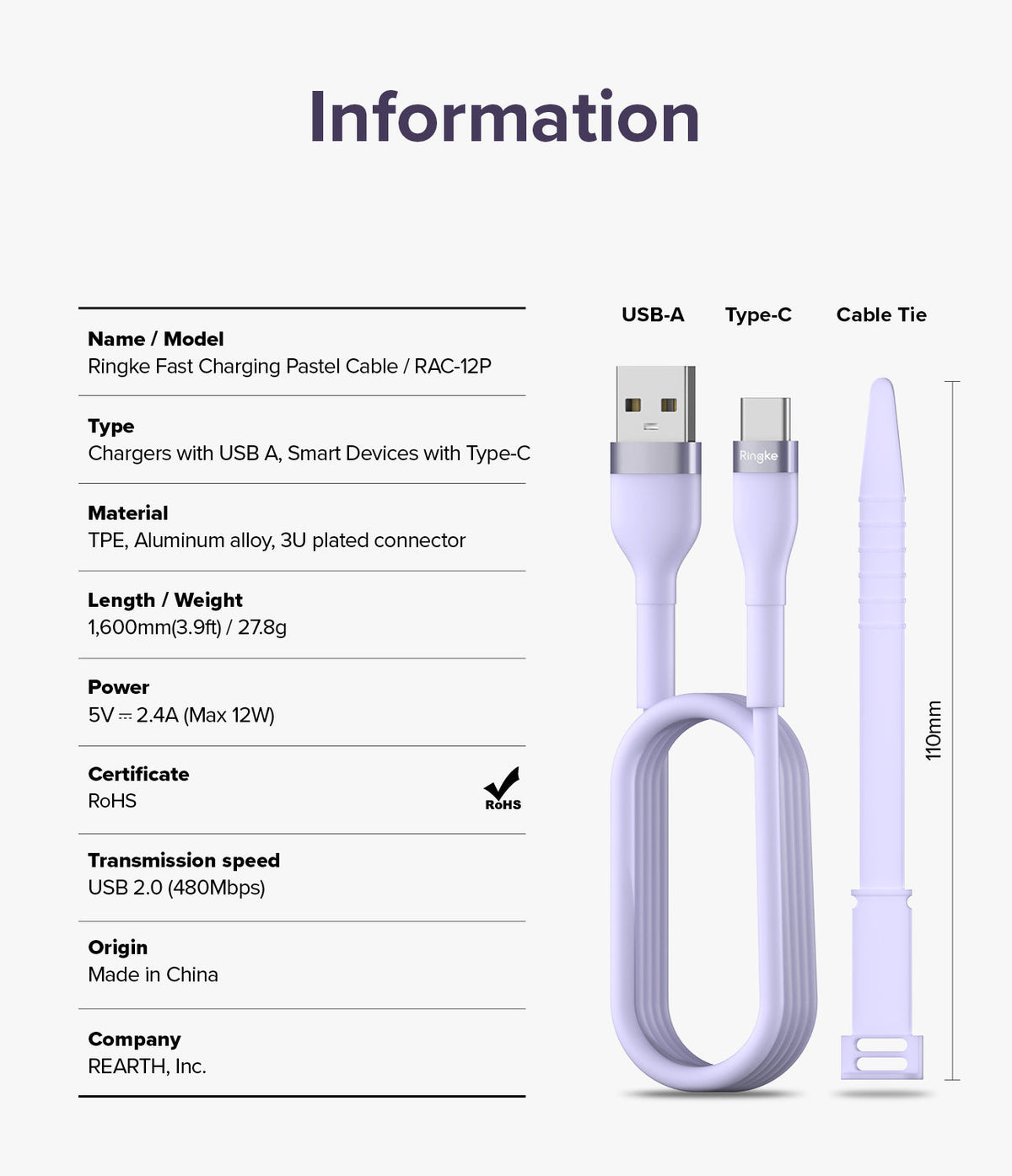 Ringke Fast Charging Pastel Cable - A Type-C Type - Infographic showing a pastel purple USB-A to Type-C cable and tie.