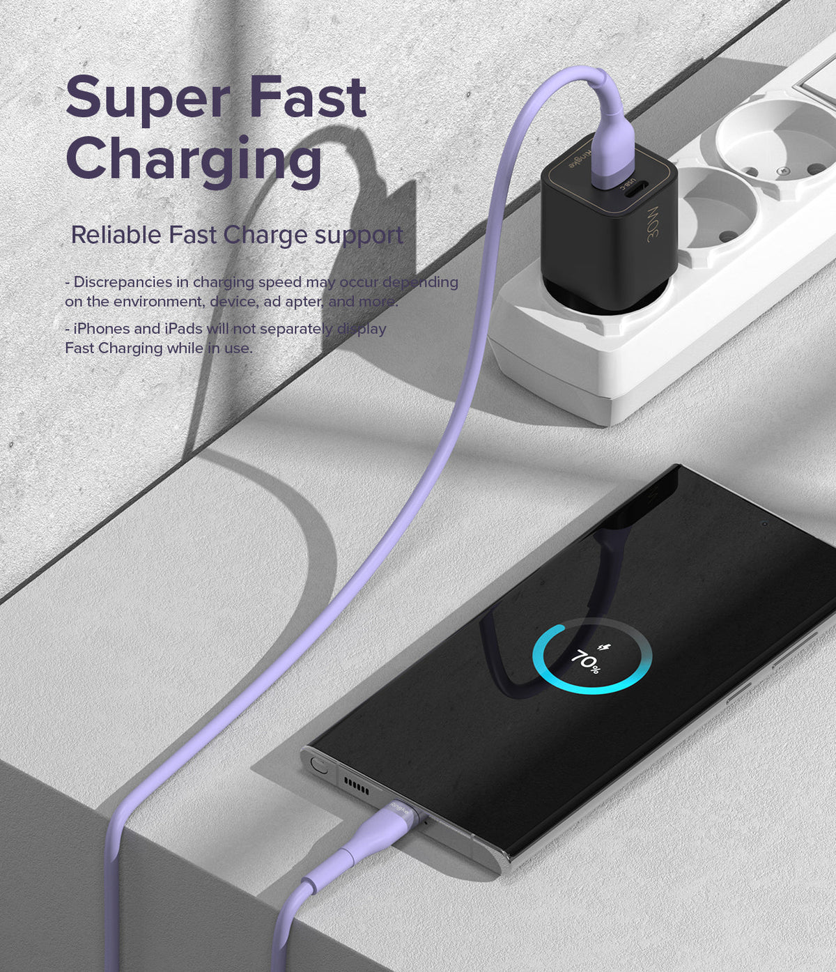 Ringke Fast Charging Pastel Cable - A Type-C Type - Pastel purple cable connecting a smartphone to a wall charger.