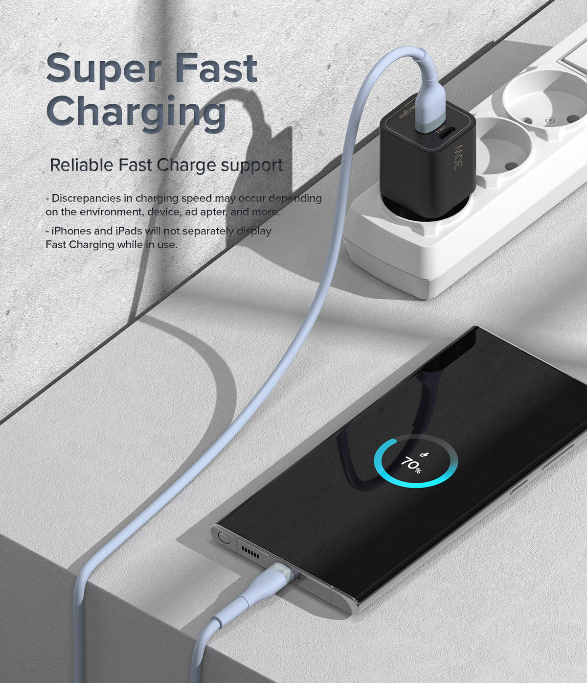 Ringke Fast Charging Pastel Cable - A Type-C Type - Pastel blue USB-C cable connecting a black wall charger to a phone.