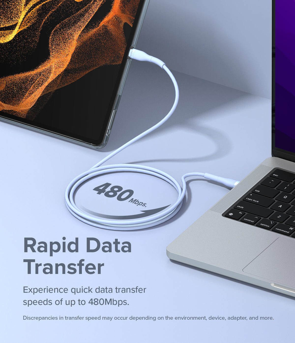 Ringke Fast Charging Pastel Cable - A Type-C Type - Pastel blue cable connecting a tablet to a laptop, showing 480Mbps.