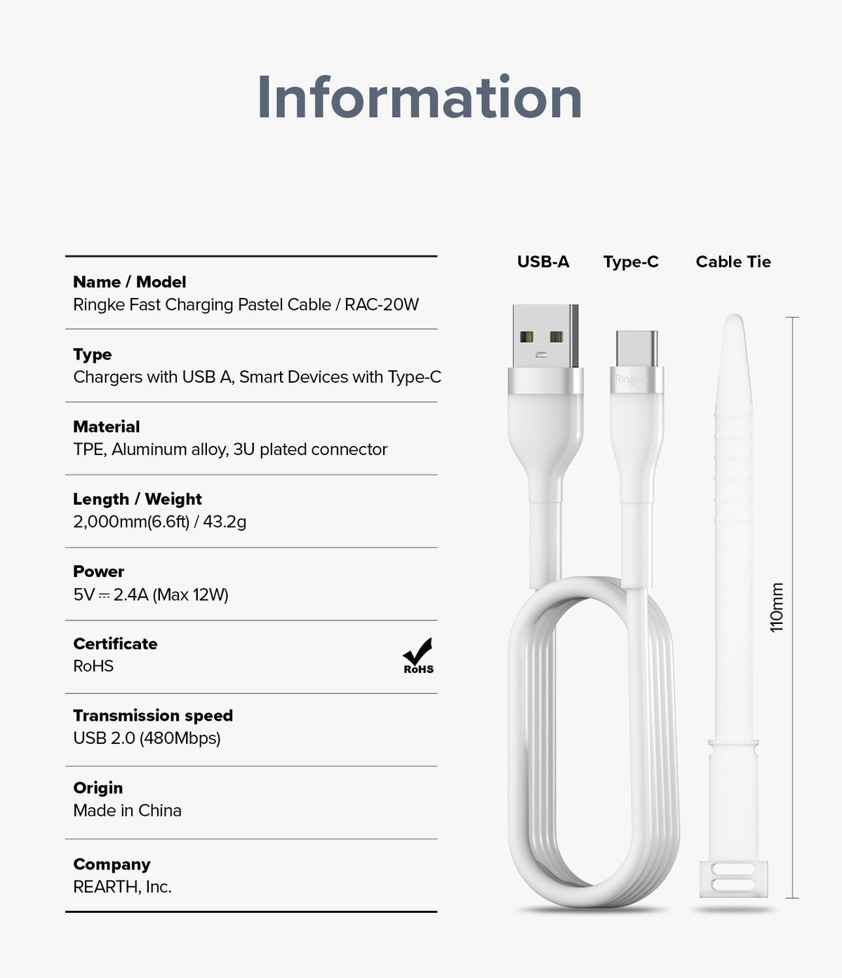 Ringke Fast Charging Pastel Cable - A Type-C Type - Technical specifications and diagram of a white USB-A to Type-C cable.