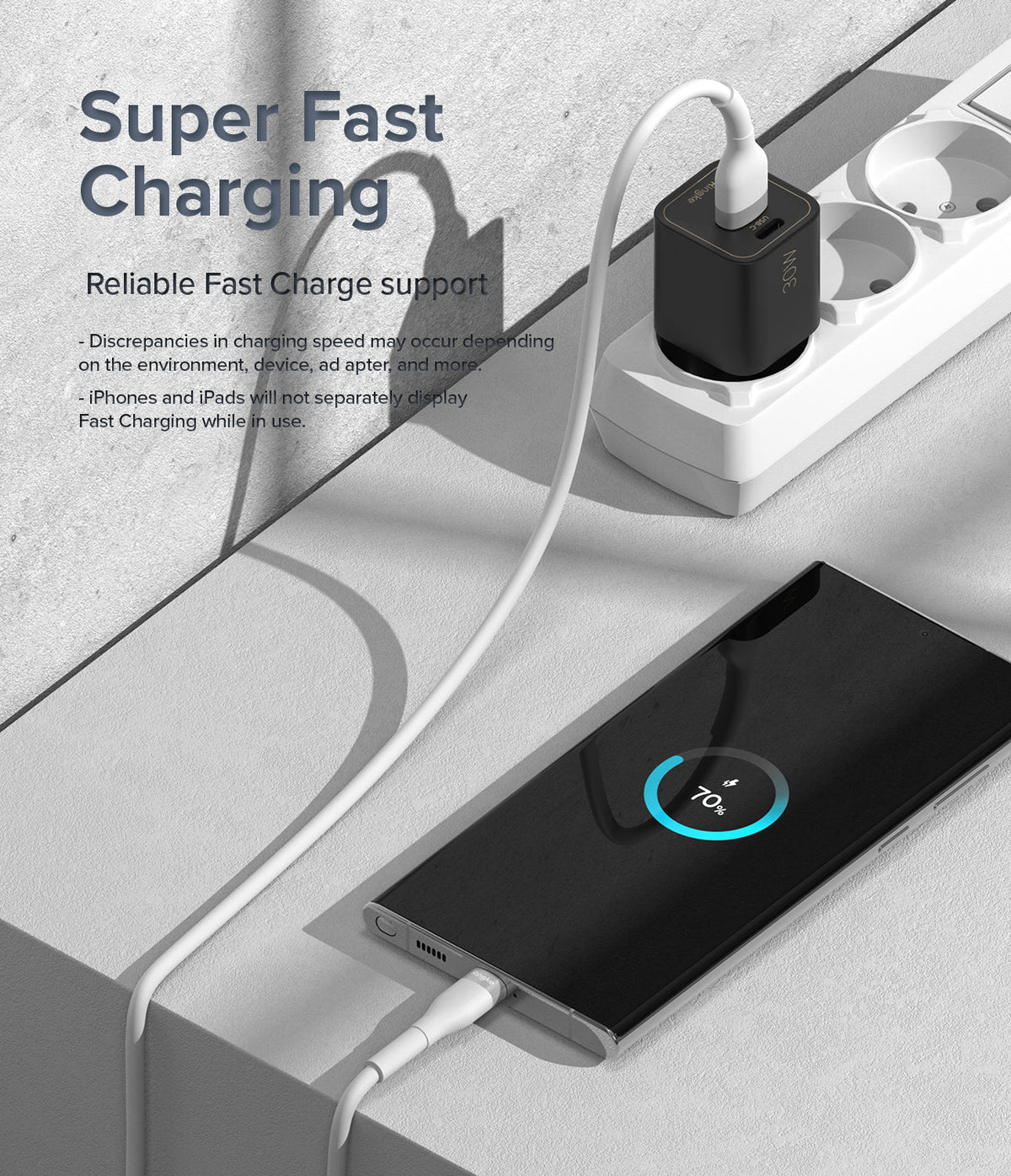 Ringke Fast Charging Pastel Cable - A Type-C Type - White charging cable connecting a black wall adapter to a phone.