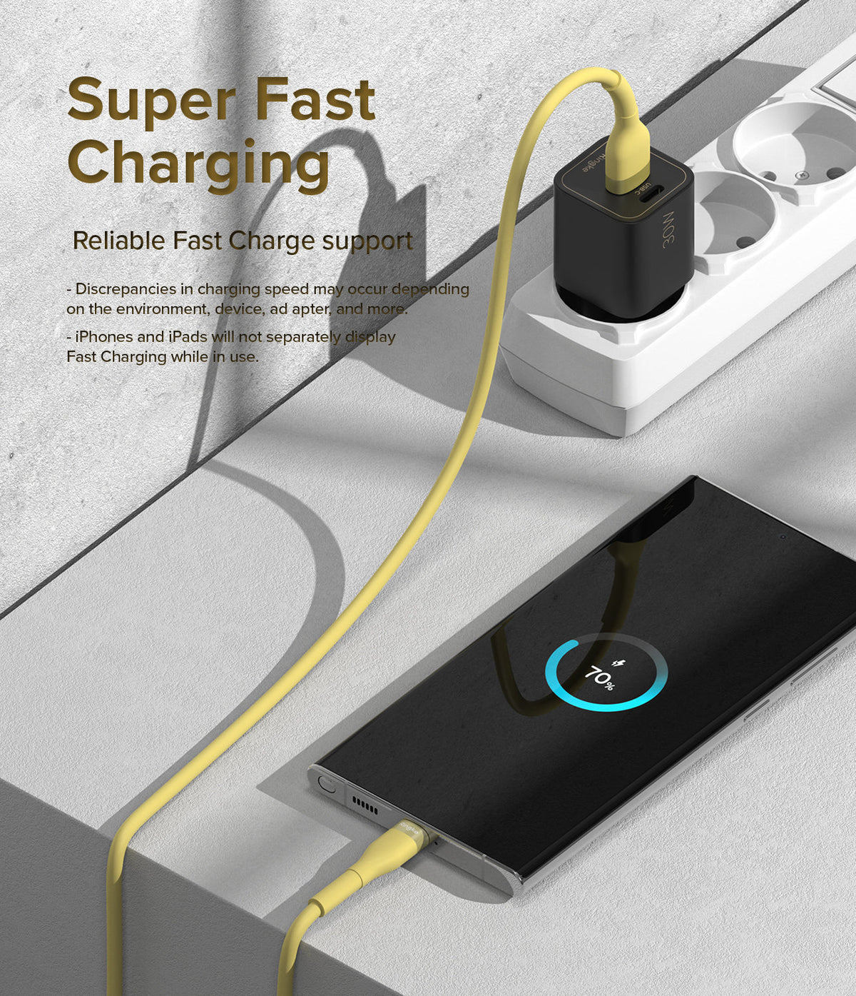 Ringke Fast Charging Pastel Cable - A Type-C Type - Yellow cable connecting a black wall charger to a smartphone.