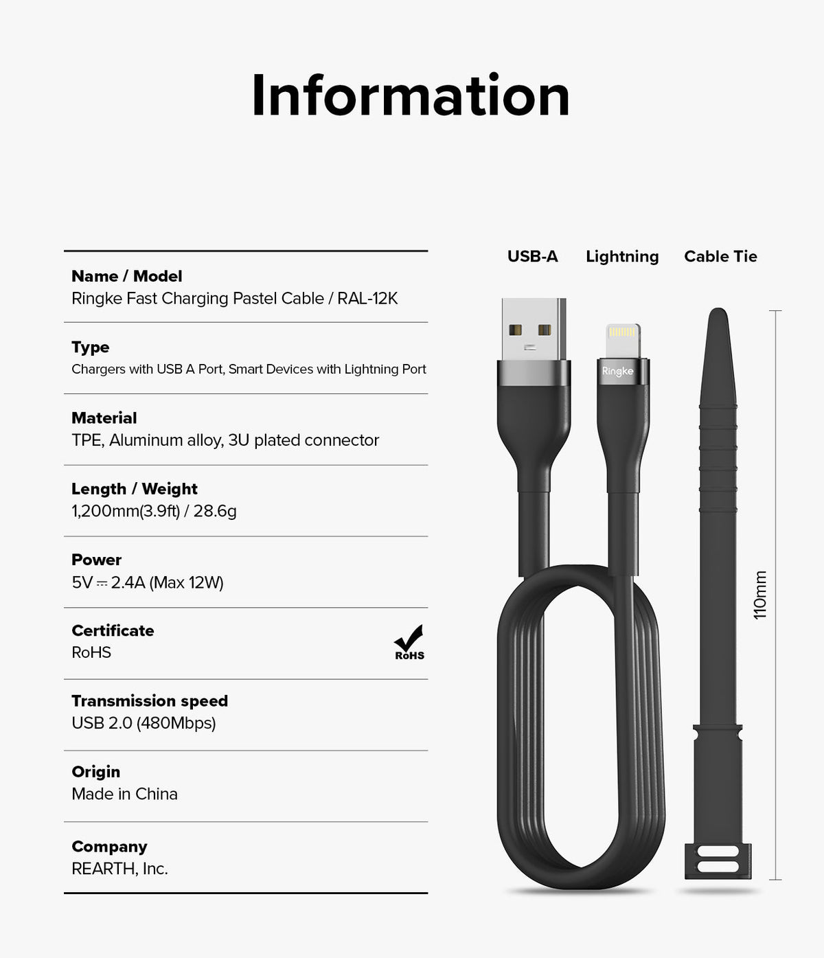 Ringke Fast Charging Pastel Cable - A Type-Lightning - Technical specifications and diagram of a black USB-A to Lightning cable with a cable tie.