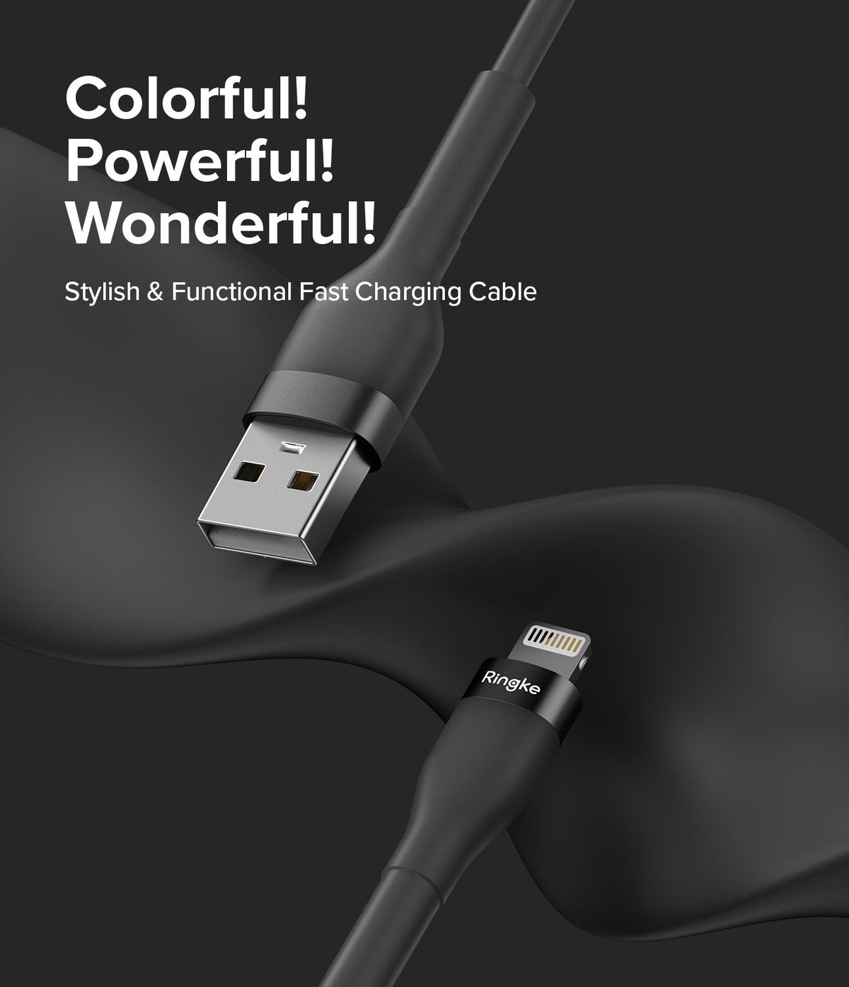 Ringke Fast Charging Pastel Cable - A Type-Lightning - Black USB-A to Lightning cable on a dark, wavy background.
