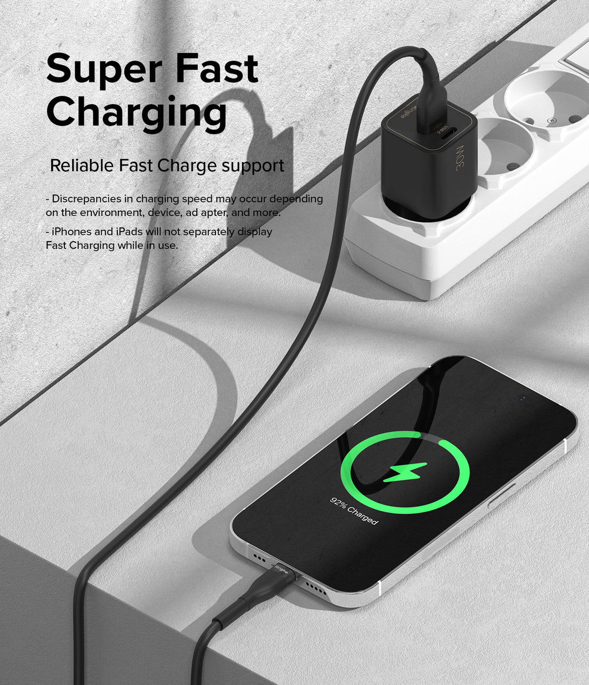 Ringke Fast Charging Pastel Cable - A Type-Lightning - Black charging cable connecting a wall adapter to a smartphone.