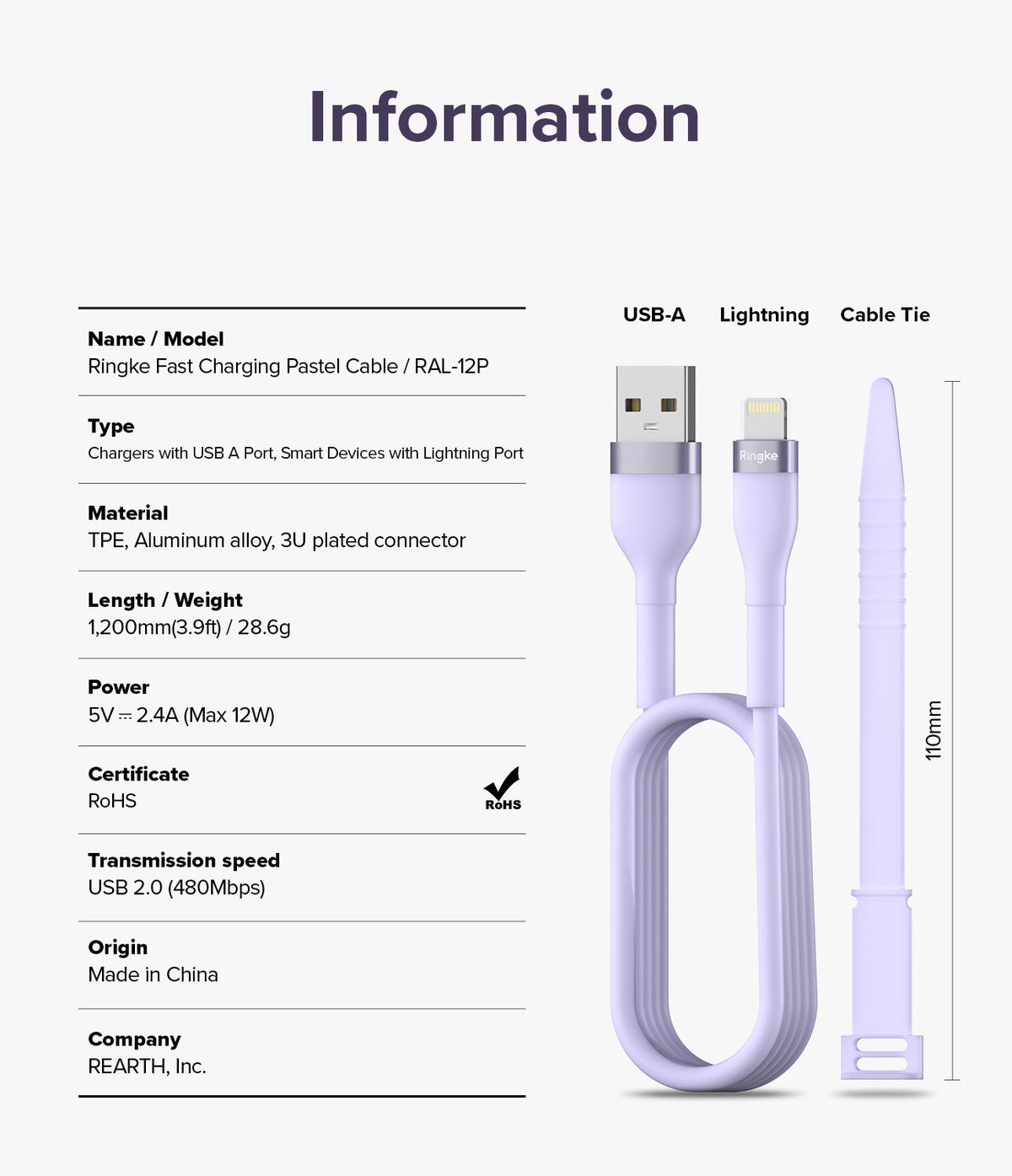 Ringke Fast Charging Pastel Cable - A Type-Lightning - Infographic showing specifications and a pastel purple cable.