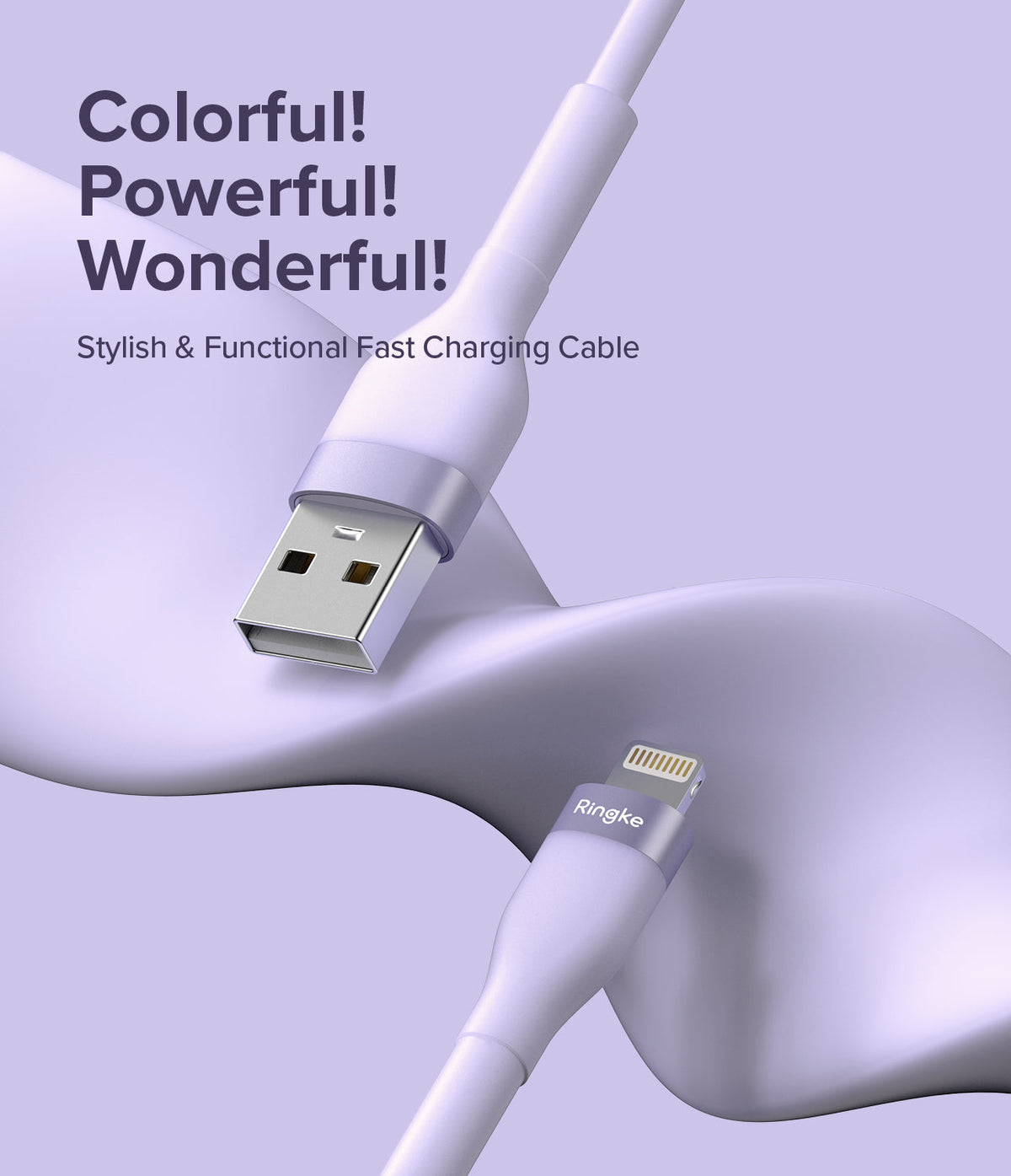 Ringke Fast Charging Pastel Cable - A Type-Lightning - Pastel purple USB-A to Lightning cable against a wavy background.