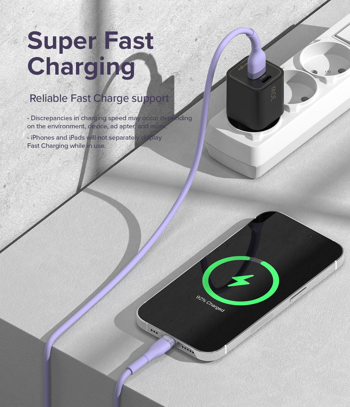 Ringke Fast Charging Pastel Cable - A Type-Lightning - Pastel purple cable connecting a black wall charger to an iPhone.