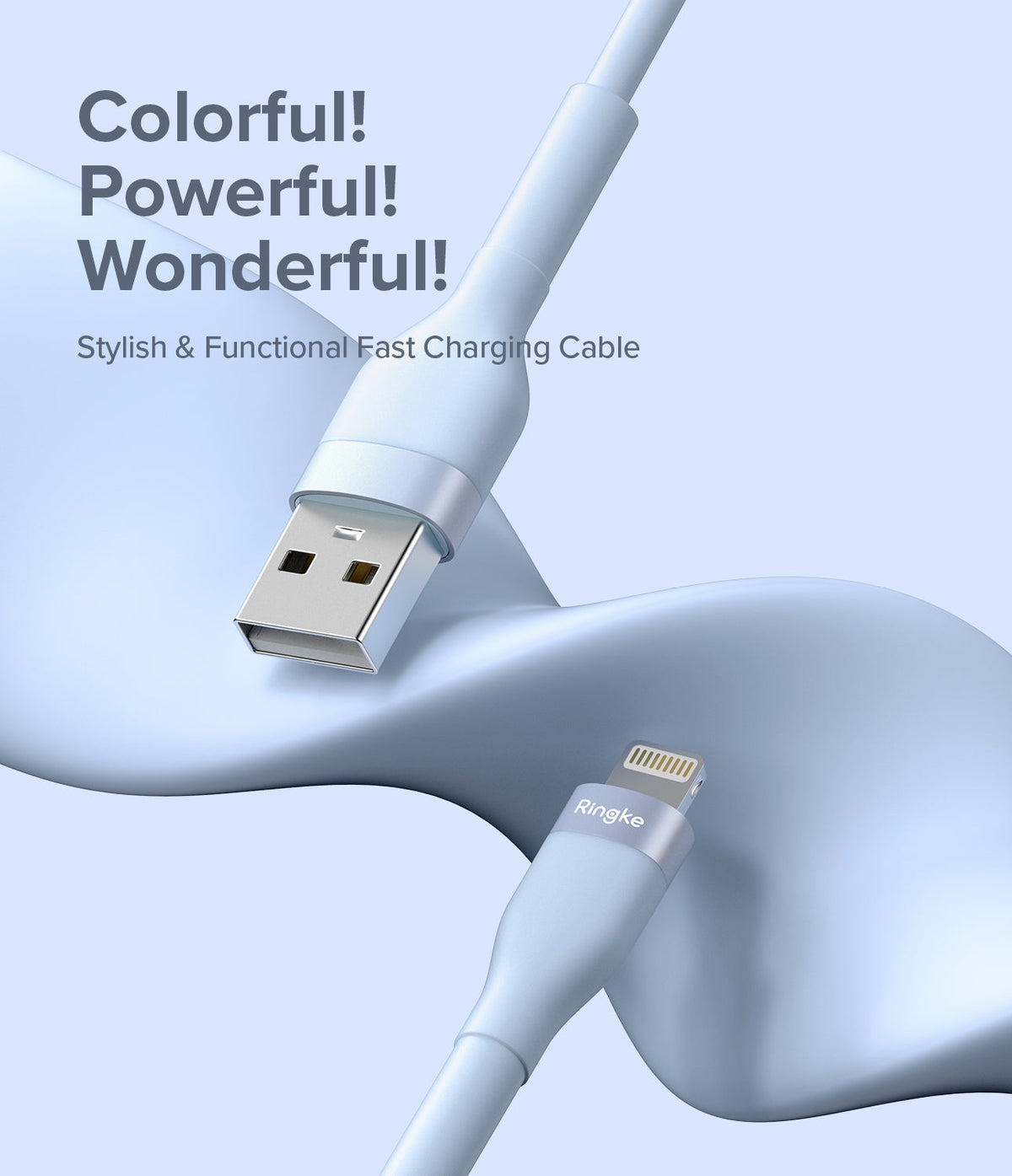 Ringke Fast Charging Pastel Cable - A Type-Lightning - Pastel blue USB-A to Lightning cable against a wavy background.