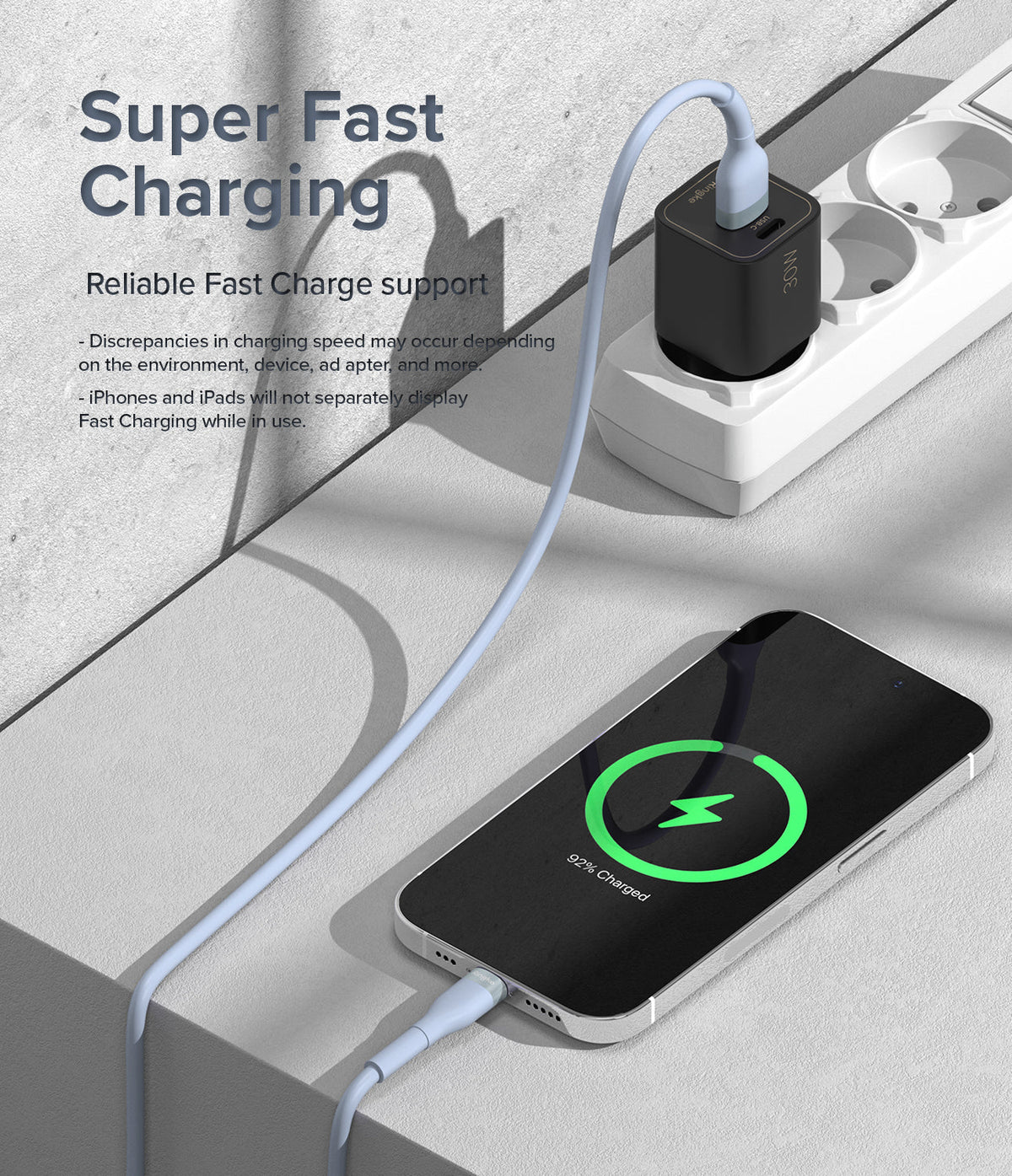 Ringke Fast Charging Pastel Cable - A Type-Lightning - Pastel blue cable connecting a black wall charger to an iPhone.