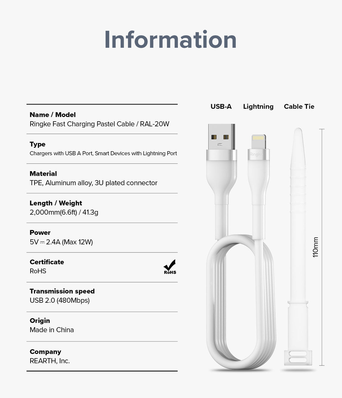 Ringke Fast Charging Pastel Cable - A Type-Lightning - Technical specifications and image of white USB-A to Lightning cable.