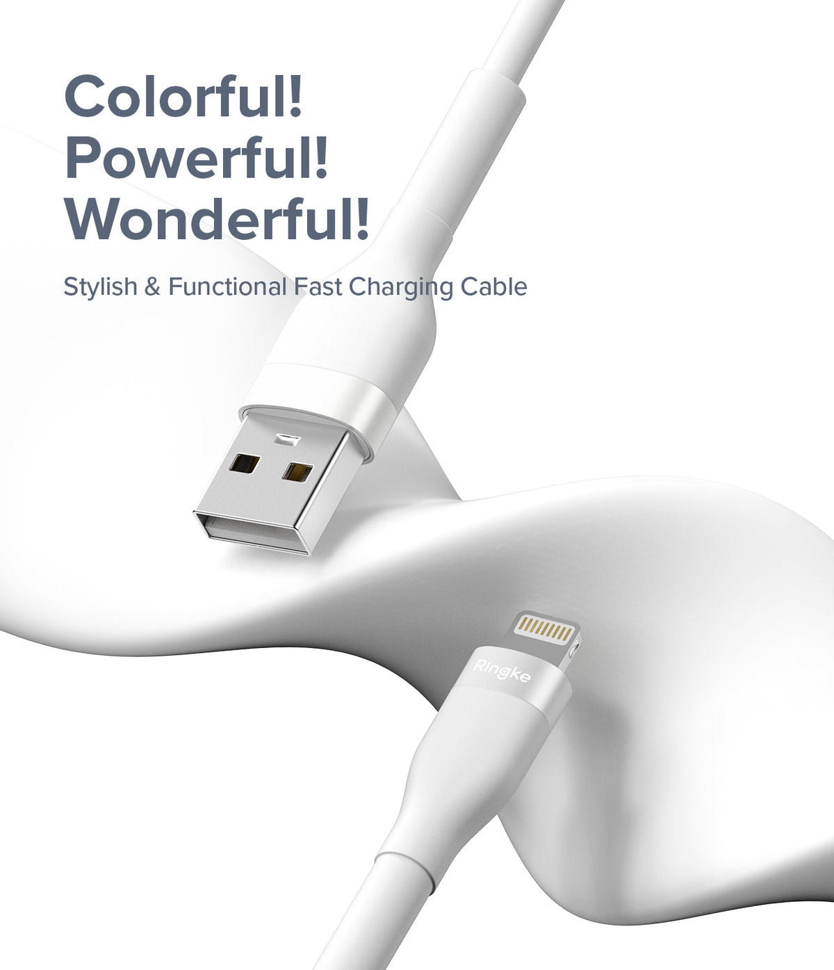 Ringke Fast Charging Pastel Cable - A Type-Lightning - White USB-A to Lightning charging cable on a curved surface.