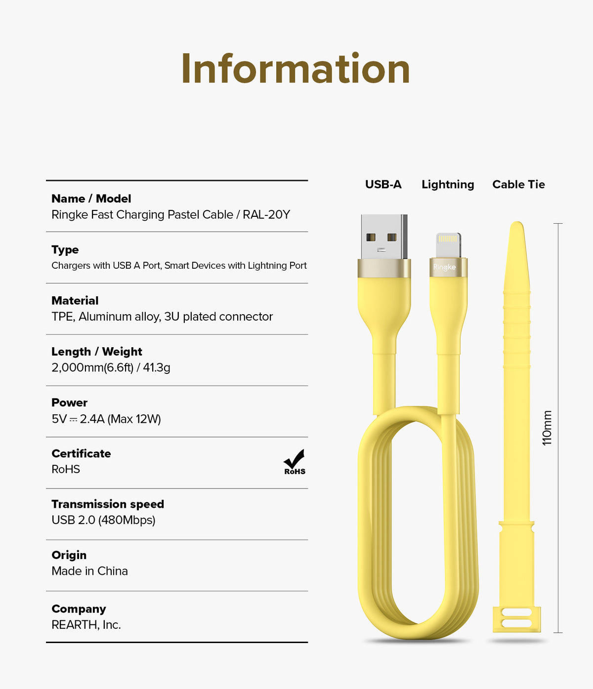 Ringke Fast Charging Pastel Cable - A Type-Lightning - Yellow USB-A to Lightning cable with specs and cable tie.