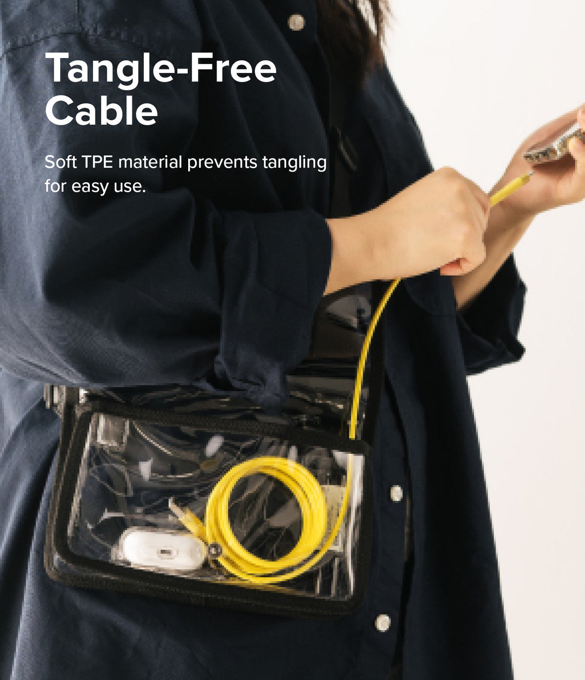 Ringke Fast Charging Pastel Cable - A Type-Lightning - Ringke Fast Charging Pastel Cable - A person holds a bright yellow, tangle-free charging cable connected to a phone.