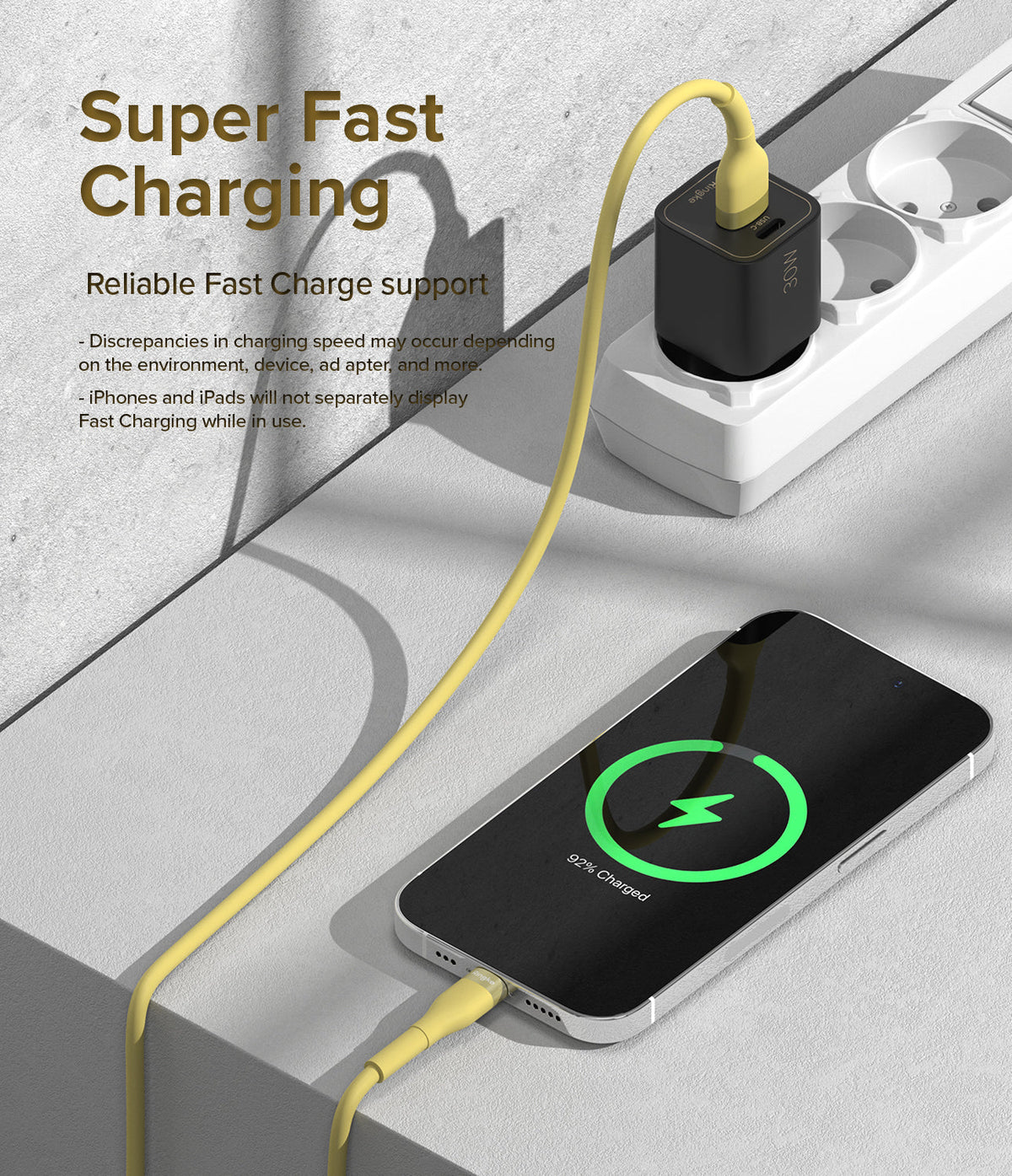Ringke Fast Charging Pastel Cable - A Type-Lightning - Yellow cable connecting a black wall charger to an iPhone.