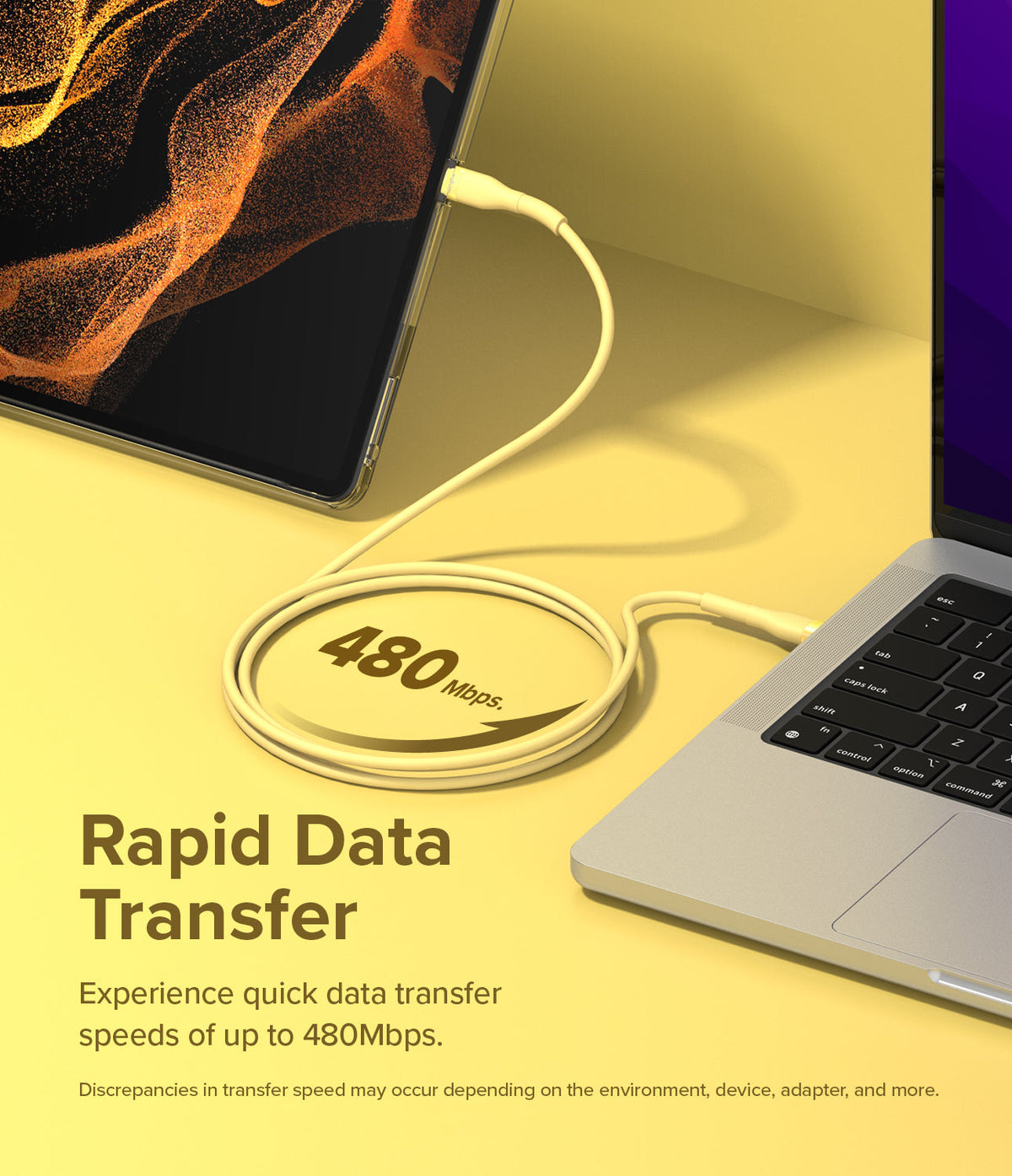 Ringke Fast Charging Pastel Cable - A Type-Lightning - Pastel yellow cable connecting a tablet to a laptop.