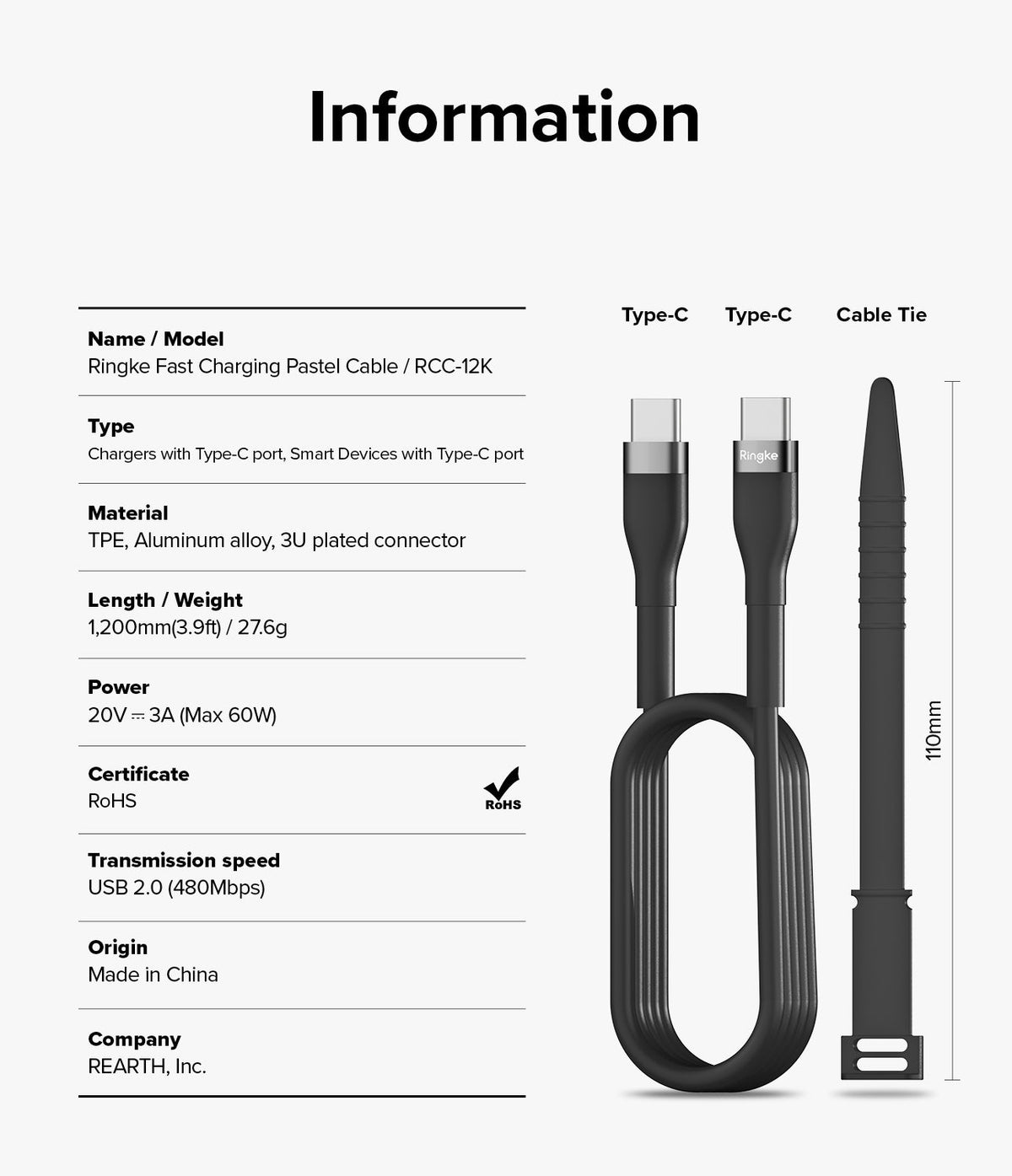 Ringke Fast Charging Pastel Cable - C Type-C Type - Ringke Fast Charging Pastel Cable - Type-C to Type-C cable with a cable tie and technical specifications list.
