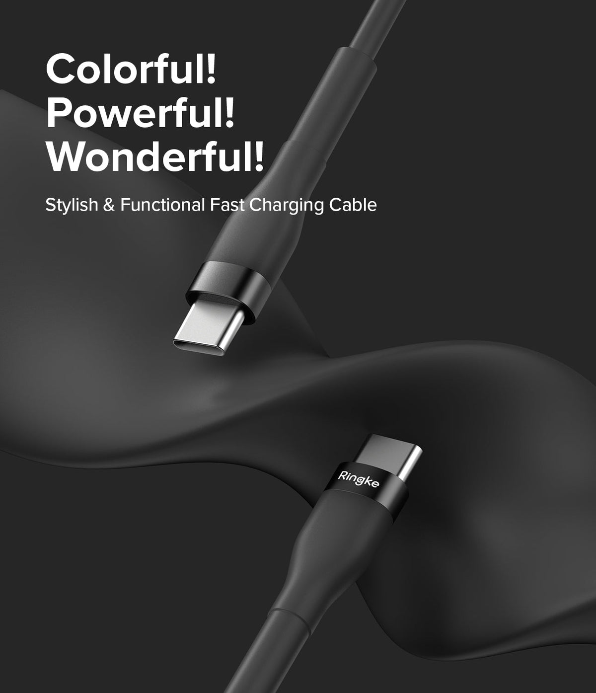 Ringke Fast Charging Pastel Cable - C Type-C Type - Ringke Fast Charging Pastel Cable - Two black USB-C connectors against a dark, flowing background with promotional text.