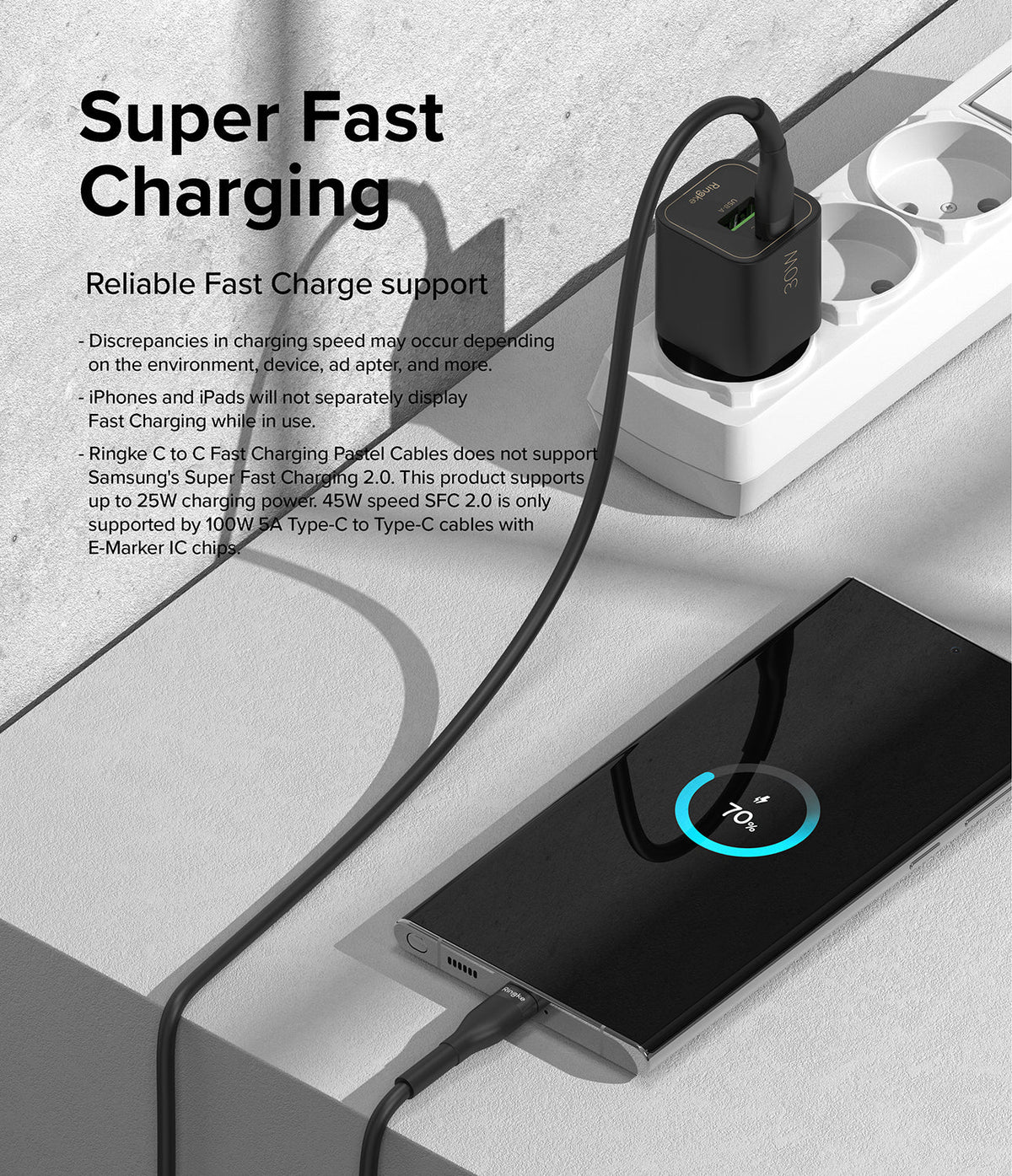 Ringke Fast Charging Pastel Cable - C Type-C Type - Ringke Fast Charging Pastel Cable - Black USB-C cable connecting a wall charger to a smartphone showing 70% charge.