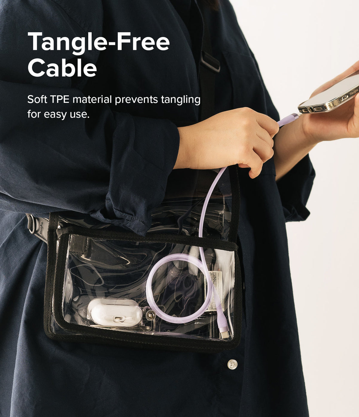 Ringke Fast Charging Pastel Cable - C Type-C Type - Ringke Fast Charging Pastel Cable - A person holds a pastel purple USB-C cable connected to a phone and a clear bag.