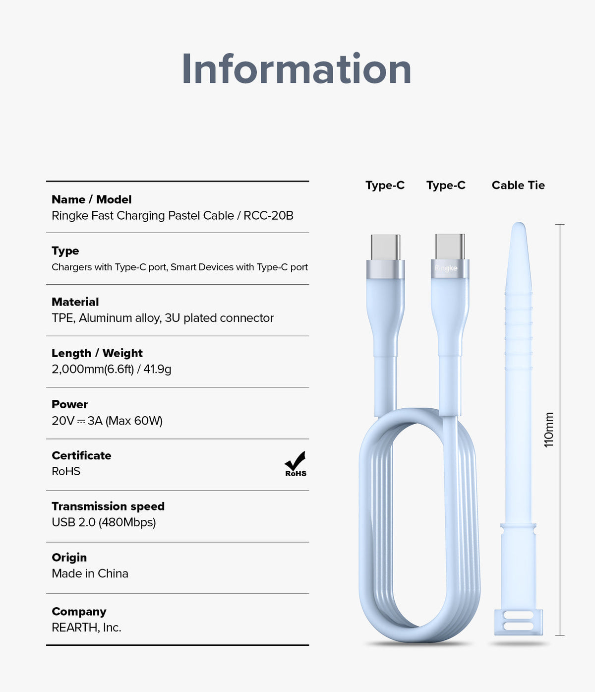 Ringke Fast Charging Pastel Cable - C Type-C Type - Ringke Fast Charging Pastel Cable - A light blue USB-C to USB-C cable with a matching cable tie and technical specs.