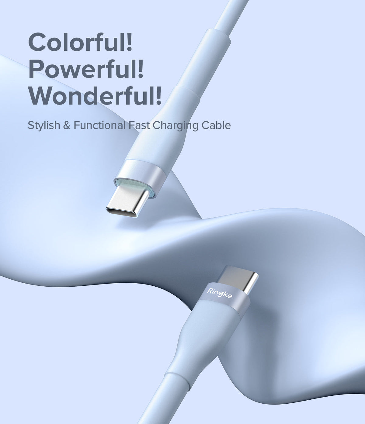 Ringke Fast Charging Pastel Cable - C Type-C Type - Ringke Fast Charging Pastel Cable - Two light blue USB-C cables against a soft, wavy pastel blue background.