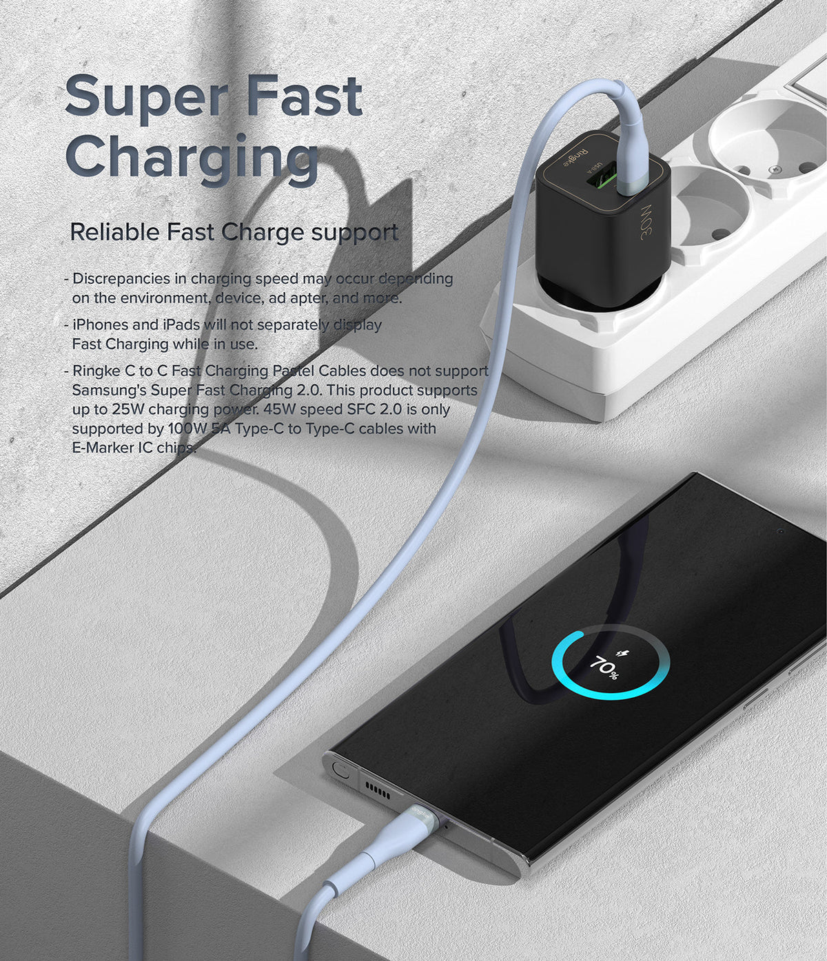 Ringke Fast Charging Pastel Cable - C Type-C Type - Ringke Fast Charging Pastel Cable - A light blue USB-C cable connects a black wall charger to a smartphone showing 70% charge.