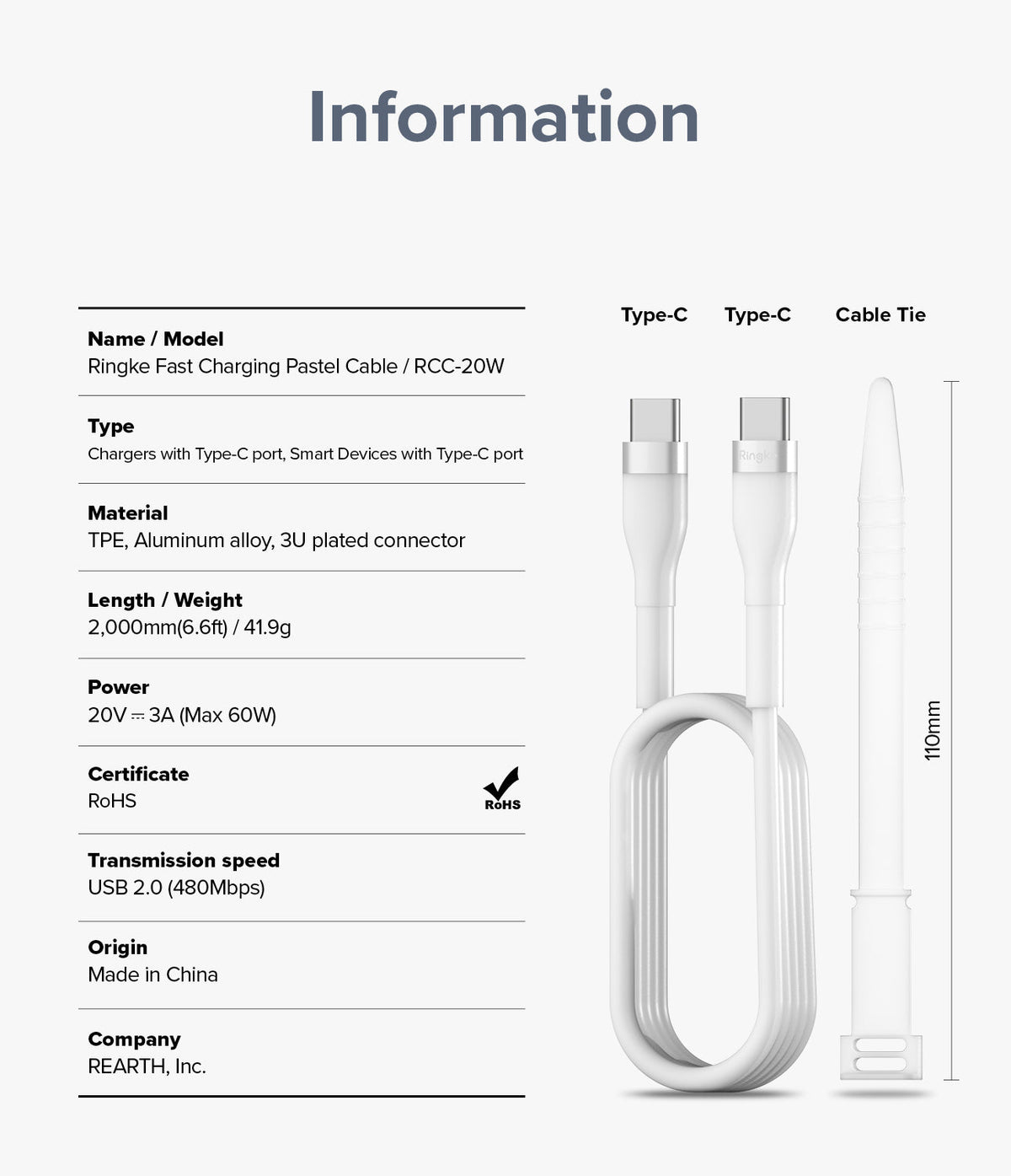 Ringke Fast Charging Pastel Cable - C Type-C Type - Ringke Fast Charging Pastel Cable - Technical specifications and product diagram of a white USB-C to USB-C cable and tie.