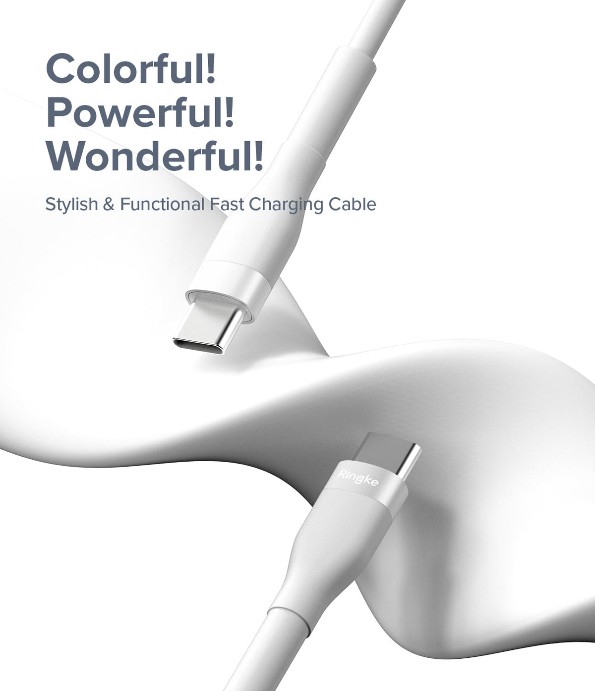 Ringke Fast Charging Pastel Cable - C Type-C Type - Ringke Fast Charging Pastel Cable - Two white USB-C cables against a smooth, abstract white background with marketing text.