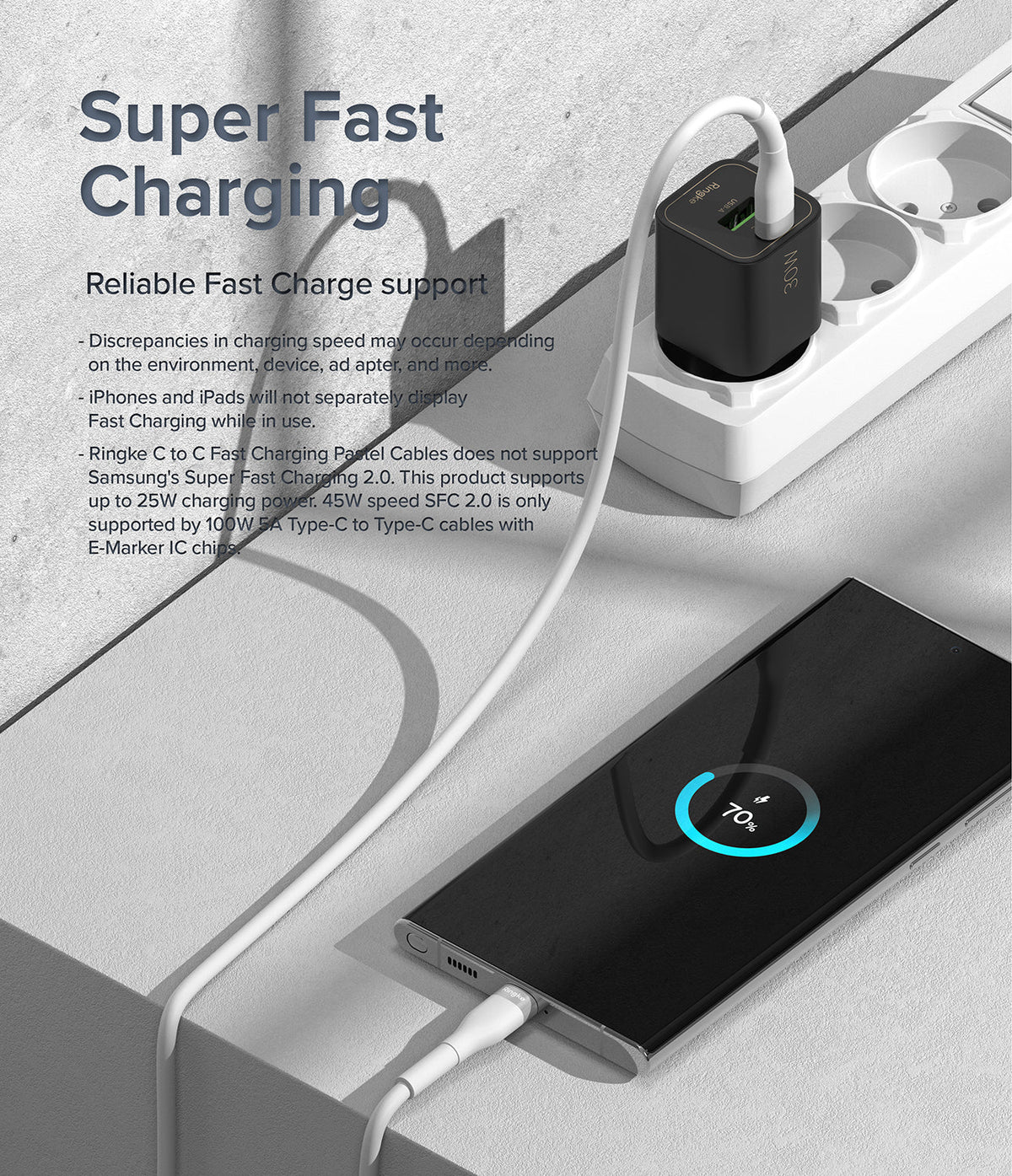 Ringke Fast Charging Pastel Cable - C Type-C Type - Ringke Fast Charging Pastel Cable - A white USB-C cable connecting a black wall charger to a smartphone showing 70% charge.