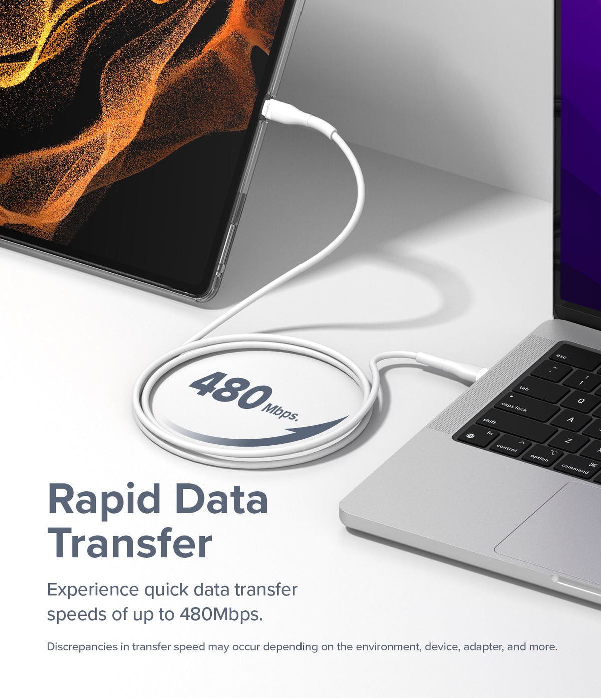 Ringke Fast Charging Pastel Cable - C Type-C Type - Ringke Fast Charging Pastel Cable - White USB-C cable connecting a tablet to a laptop, highlighting 480Mbps data transfer.