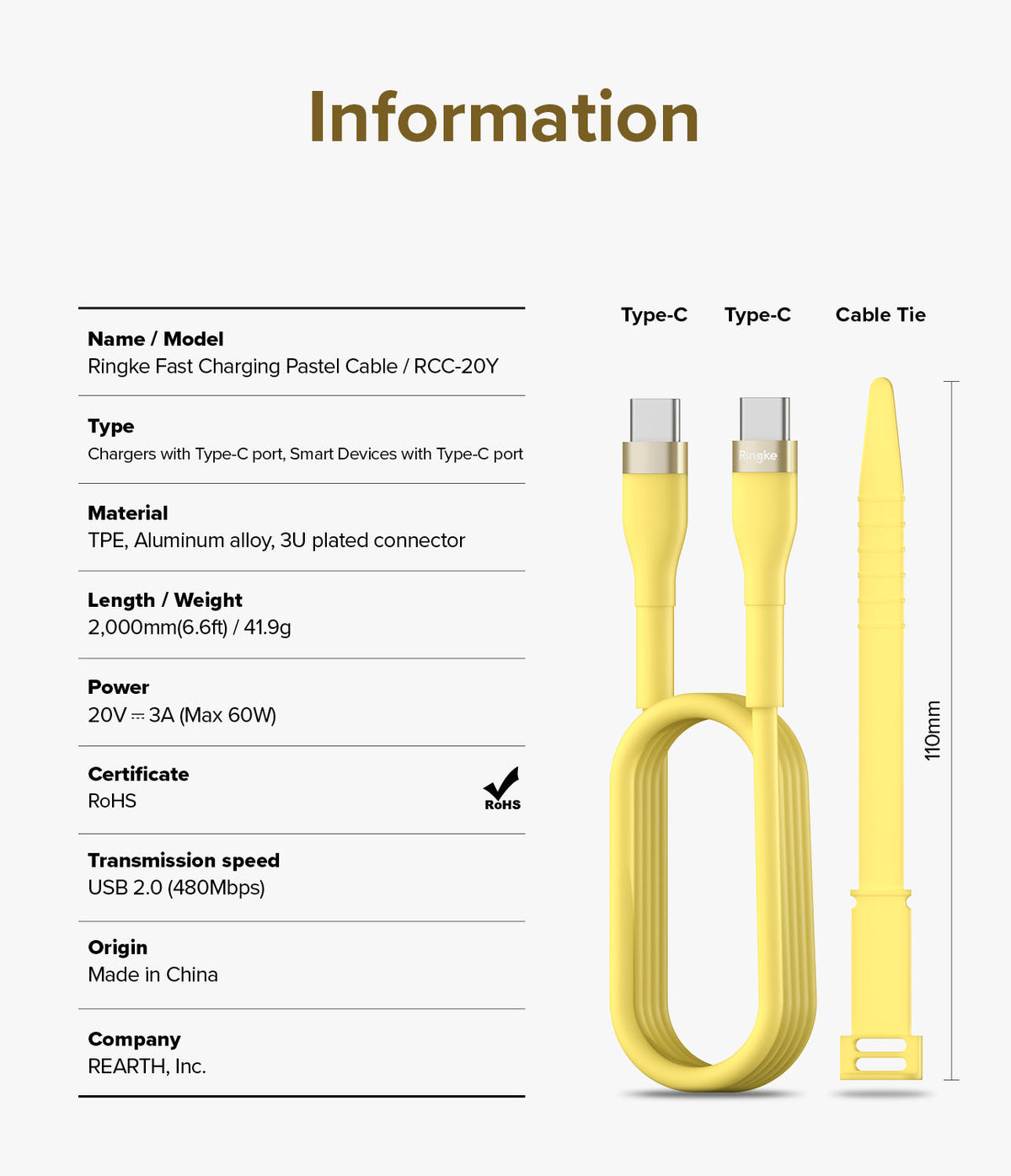 Ringke Fast Charging Pastel Cable - C Type-C Type - Ringke Fast Charging Pastel Cable - Technical specifications and a yellow USB-C to USB-C cable with a matching cable tie.
