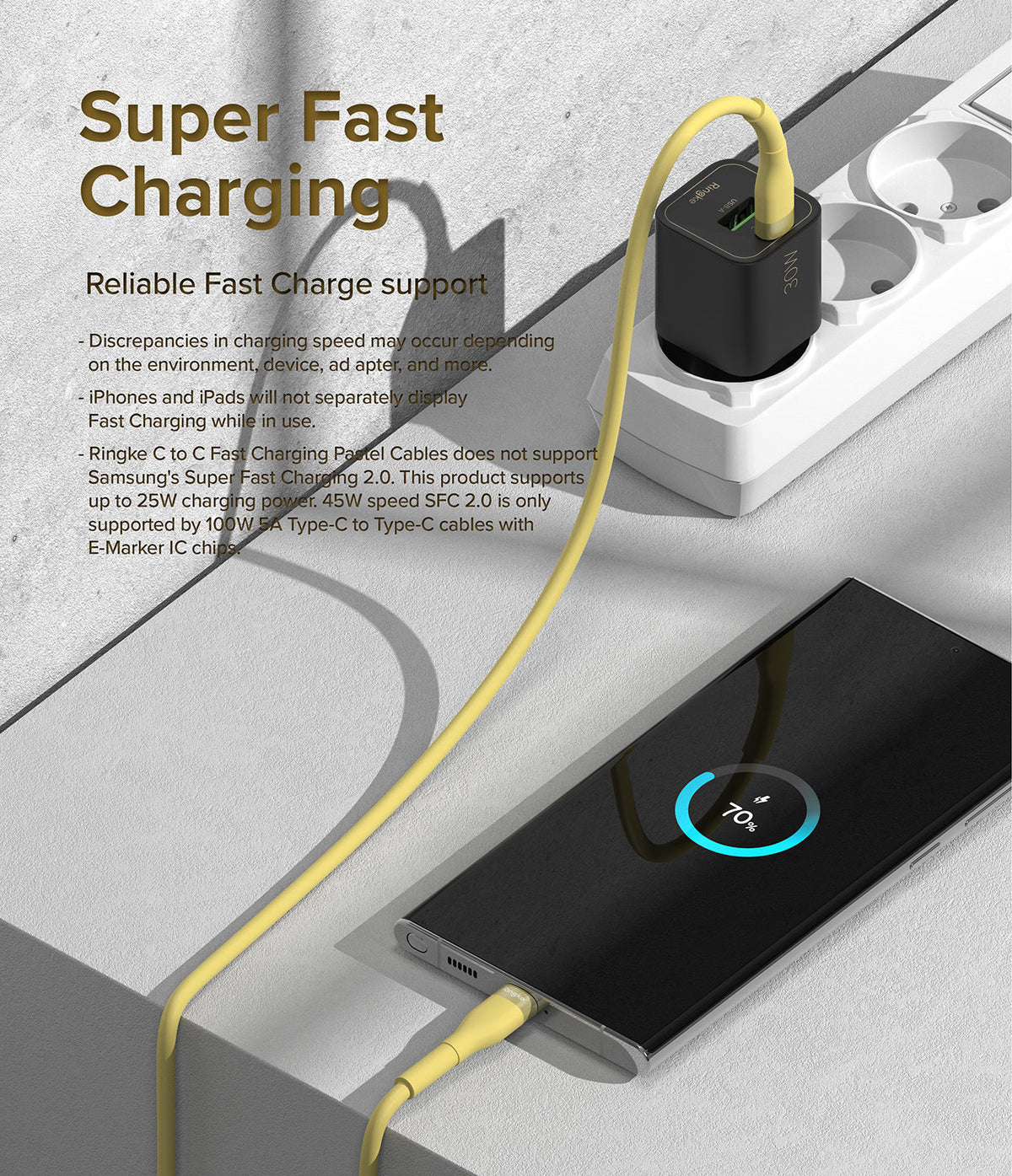 Ringke Fast Charging Pastel Cable - C Type-C Type - Ringke Fast Charging Pastel Cable - Yellow USB-C cable connecting a black wall charger to a smartphone showing 70% charge.