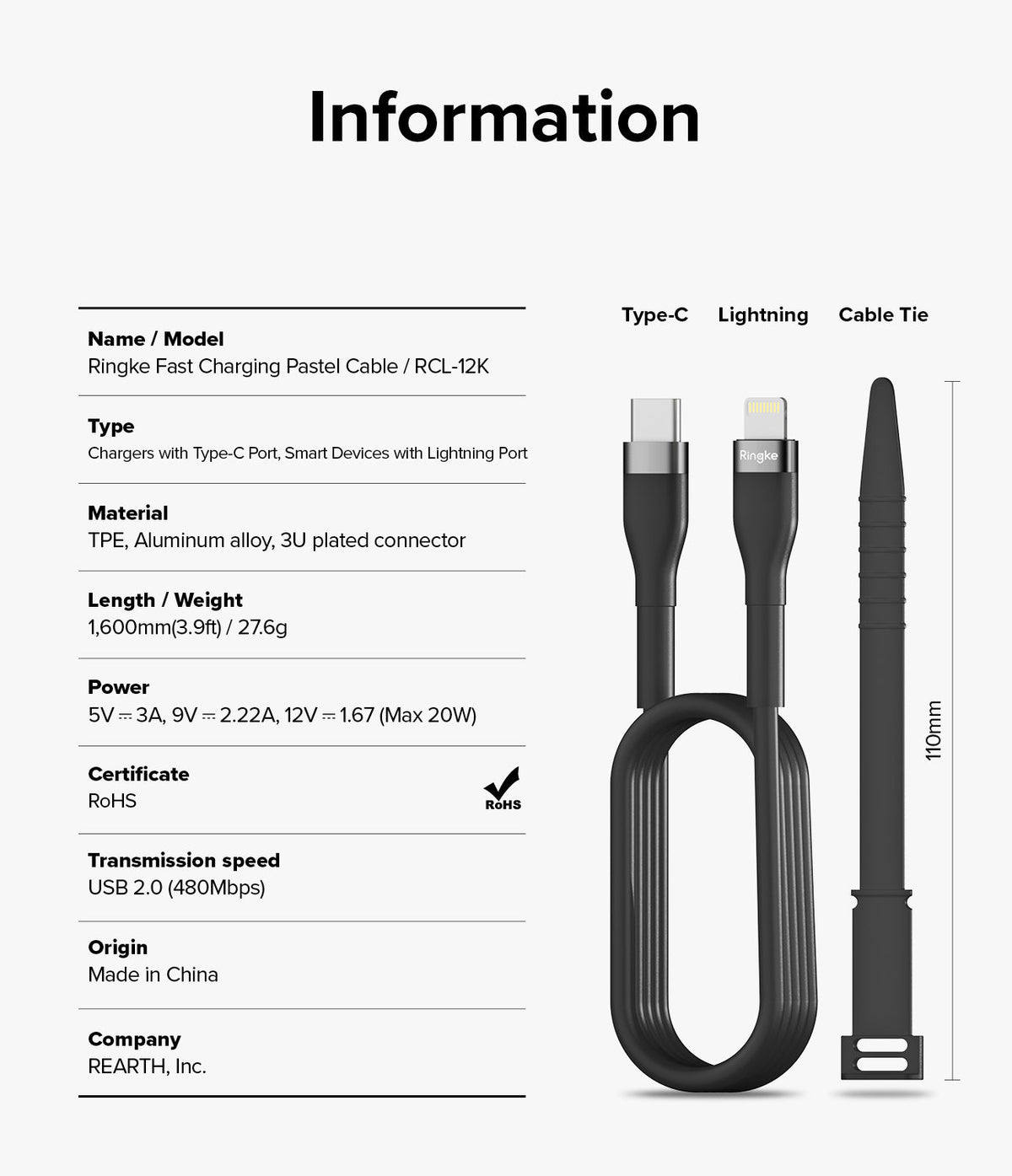 Ringke Fast Charging Pastel Cable - C Type-Lightning - Ringke Fast Charging Pastel Cable - Type-C to Lightning cable with technical specifications and a 110mm cable tie.