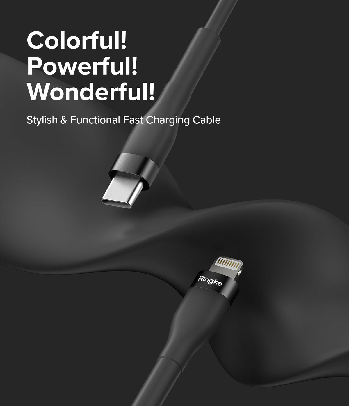 Ringke Fast Charging Pastel Cable - C Type-Lightning - Ringke Fast Charging Pastel Cable - Black USB-C to Lightning cable with metallic accents against a dark wavy background.