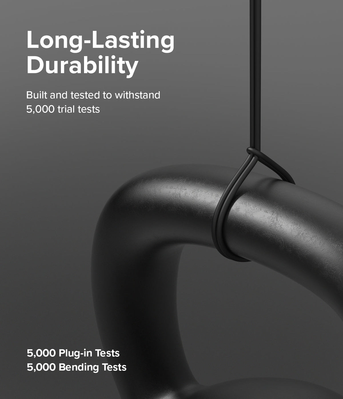 Ringke Fast Charging Pastel Cable - C Type-Lightning - Black cable looped through a heavy metal ring on gray background.