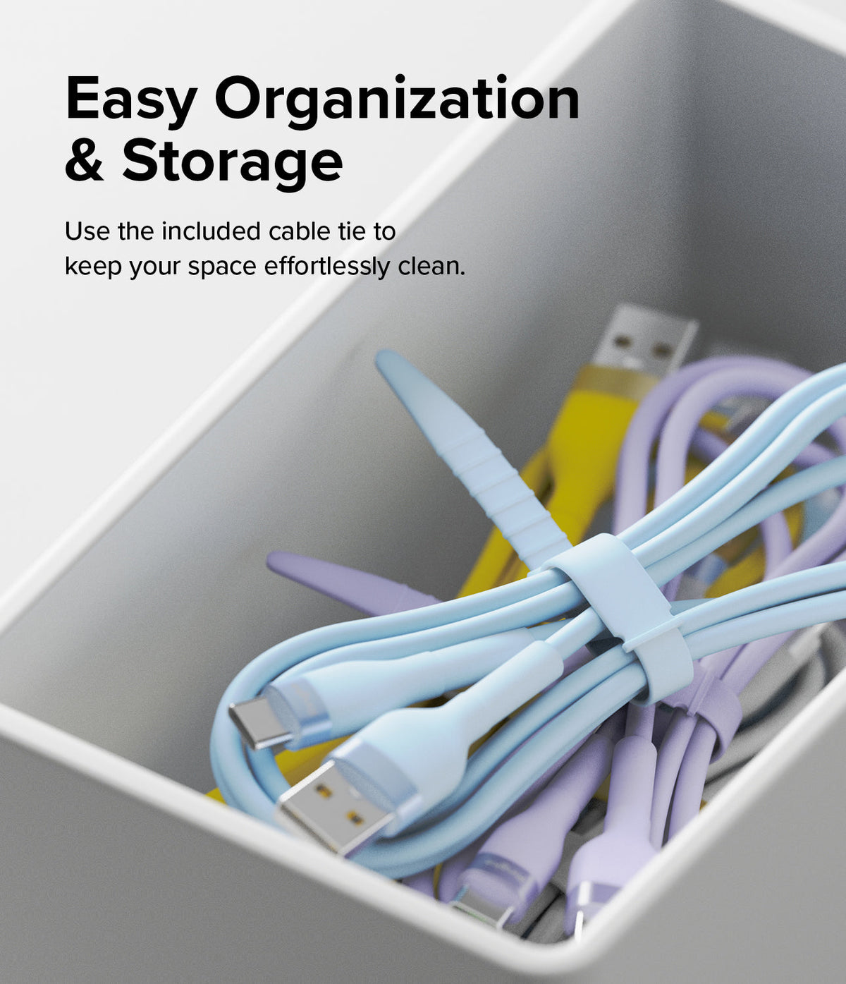 Ringke Fast Charging Pastel Cable - C Type-Lightning - Ringke Fast Charging Pastel Cable - Pastel-colored USB-C to Lightning cables coiled and secured with ties in a storage bin.